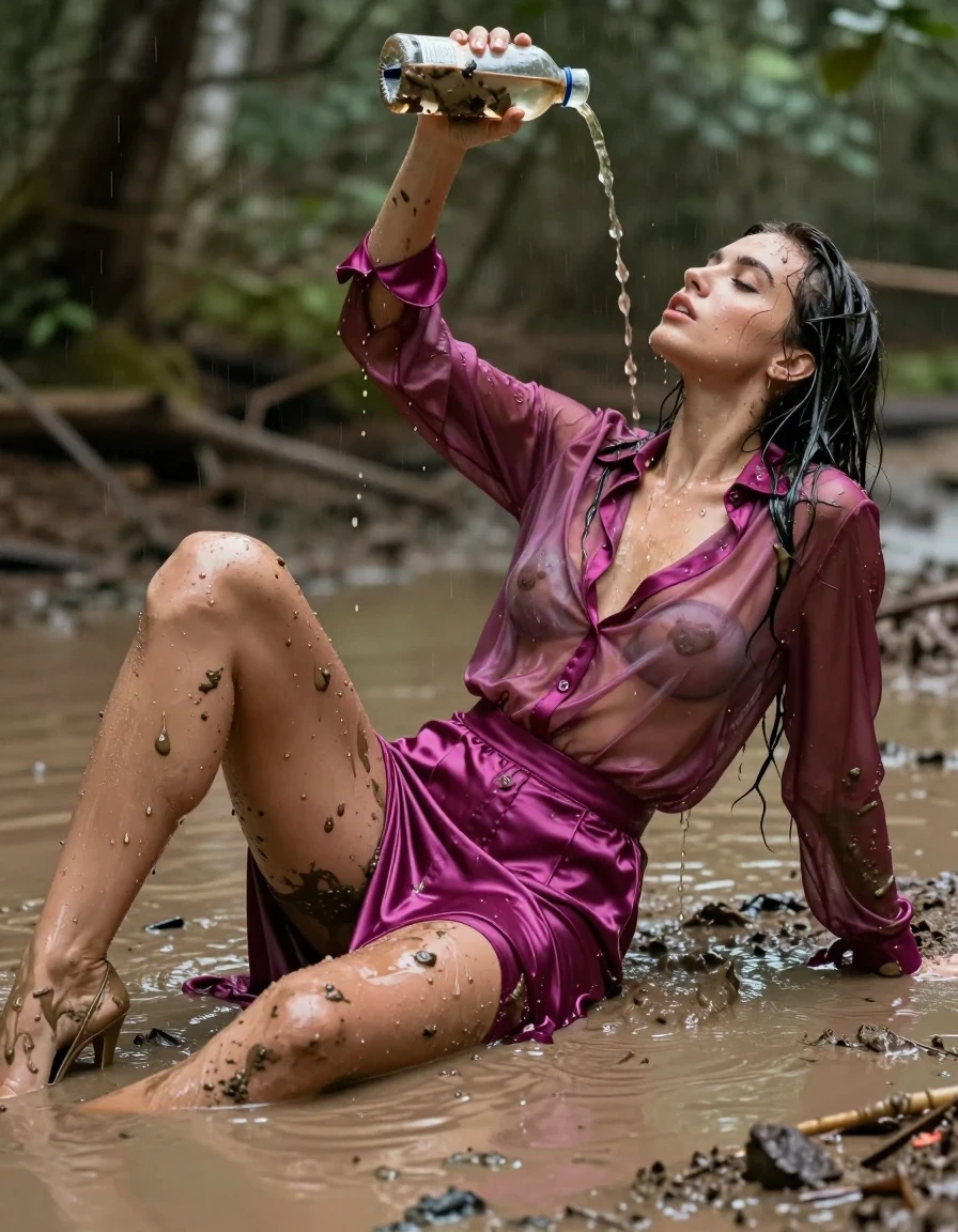 photo of young woman, in soaking wet, drenched clothes,
high-heels, see-through, oversized magenta satin silk slim floor-length skirt, see-through, tranparent, oversized magenta satin silk blouse, buttoned, long sleeves, lie on her back in a muddy puddle in the muddy water in the woods, pouring a bottle of muddy water over her head, 
enjoying, wet clothes stuck to body,
detailed textures of the wet clothes, wet face, wet plastered hair,
wet, drenched, professional, high-quality details, full body view.
sharp focus, ultra-high pixel detail, realistic, high-quality, full colors, incredibly detailed, 4k, 8k, 16k, hyper-realistic, RAW photo, masterpiece, ultra-detailed, professionally color graded, professional photograph, muddy clothes, heavy rain, completely soaked, drenched, dripping wet, visible breasts, wet skin, mud in her hair, wet clothes, damp fabric, wet skin, wet clothes, damp fabric, wet skin, wet clothes, damp fabric, wet skin, wet clothes, damp fabric, wet clothes, damp fabric, wet skin, wet clothes, damp fabric
