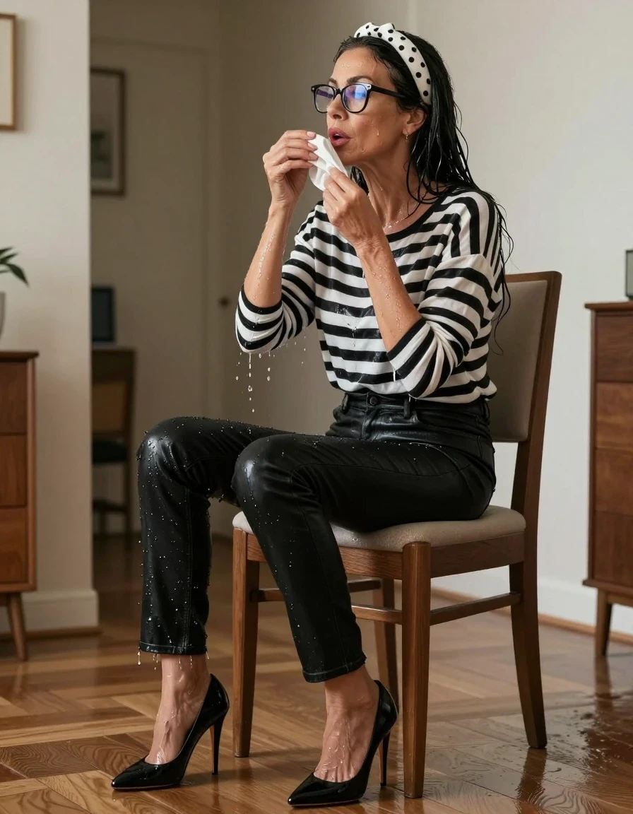 photo of young woman, in soaking wet, drenched clothes,
high-heeled shoes, long black leather jeans, midi black & white striped sweater with a neckline, on the chair on the hall of his house, 
enjoying, wet clothes stuck to body,
detailed textures of the wet clothes, wet face, wet plastered hair,
wet, drenched, professional, high-quality details, full body view.
sharp focus, ultra-high pixel detail, realistic, high-quality, full colors, incredibly detailed, 4k, 8k, 16k, hyper-realistic, RAW photo, masterpiece, ultra-detailed, professionally color graded, professional photograph, european brunette skinny woman 50 years old, long dark black hair, white polka-dot headband, office glasses, very big and thick lips, complete body, wet skin, wet clothes, damp fabric, wet skin, wet clothes, damp fabric, wet skin, wet clothes, damp fabric, wet skin, wet clothes, damp fabric, wet skin, wet clothes, damp fabric, wet skin, wet clothes, damp fabric, wet skin, wet clothes, damp fabric