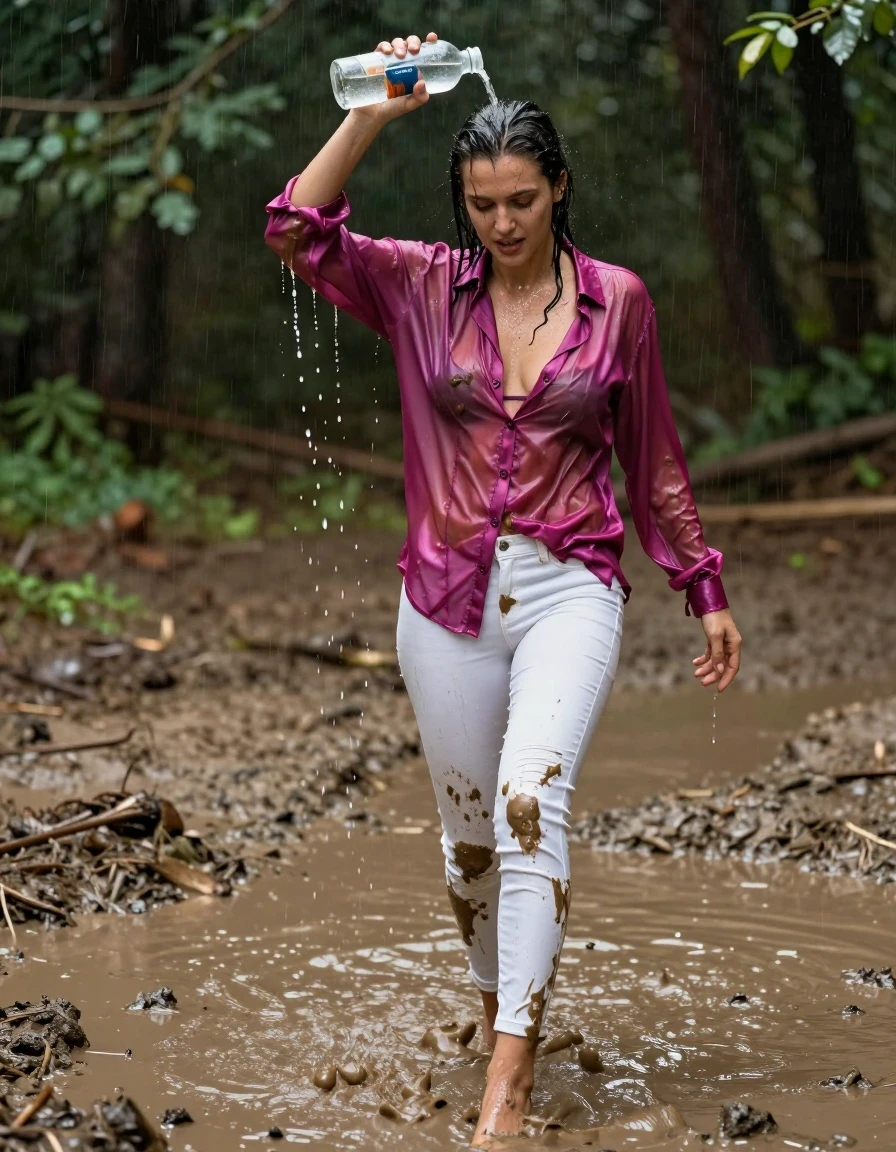 photo of young woman, in soaking wet, drenched clothes,
high-heels, white jeans, dripping wet, shiny, see-through, tranparent, oversized magenta satin silk blouse, buttoned, long sleeves, no bra, shower, walking in a deep muddy puddle in the muddy water in the woods, pouring a bottle of muddy water over her head, 
enjoying, wet clothes stuck to body,
detailed textures of the wet clothes, wet face, wet plastered hair,
wet, drenched, professional, high-quality details, full body view.
sharp focus, ultra-high pixel detail, realistic, high-quality, full colors, incredibly detailed, 4k, 8k, 16k, hyper-realistic, RAW photo, masterpiece, ultra-detailed, professionally color graded, professional photograph, muddy clothes, heavy rain, completely soaked, drenched, dripping wet, visible breasts, wet skin, mud in her hair, wet clothes, damp fabric, wet skin, wet clothes, damp fabric, wet skin, wet clothes, damp fabric, wet skin, wet clothes, damp fabric, wet clothes, damp fabric, wet skin, wet clothes, damp fabric