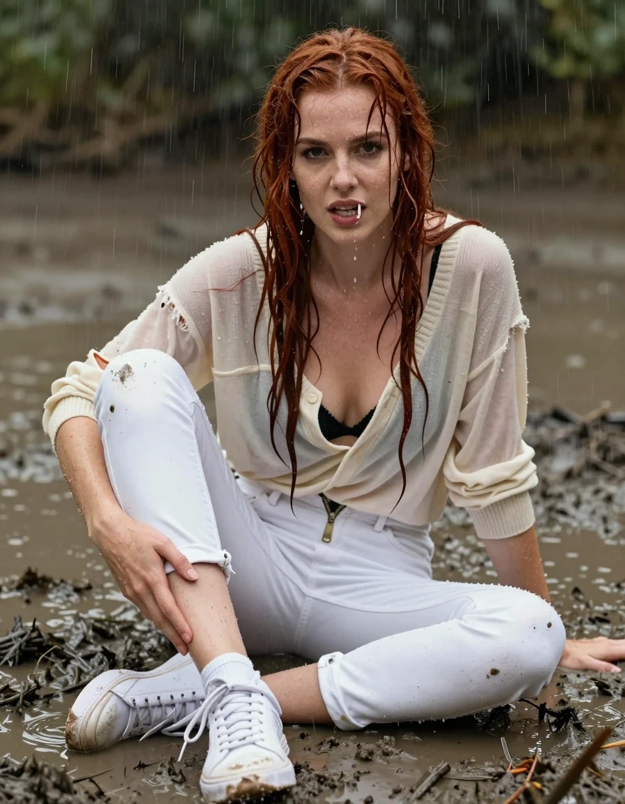 photo of young woman, in soaking wet, drenched clothes,
white sneakers and socks, long white jeans slightly muddy and soaked, jeans open at the zipper revealing black panties, soaked cream colored sweater ripped open to reveal  white blouse with black brabra, sitting in  muddy swamp, 
enjoying, wet clothes stuck to body,
detailed textures of the wet clothes, wet face, wet plastered hair,
wet, drenched, professional, high-quality details, full body view.
sharp focus, ultra-high pixel detail, realistic, high-quality, full colors, incredibly detailed, 4k, 8k, 16k, hyper-realistic, RAW photo, masterpiece, ultra-detailed, professionally color graded, professional photograph, very long red  hair soaked hanging down around shoulders. Mad expression like she was thrown into the water, wet skin, wet clothes, damp fabric,  hands on knees, face looking straight ahead, mouthing "why?"  hands on knees, pouring rain dripping off of her, wet skin, wet clothes, damp fabric