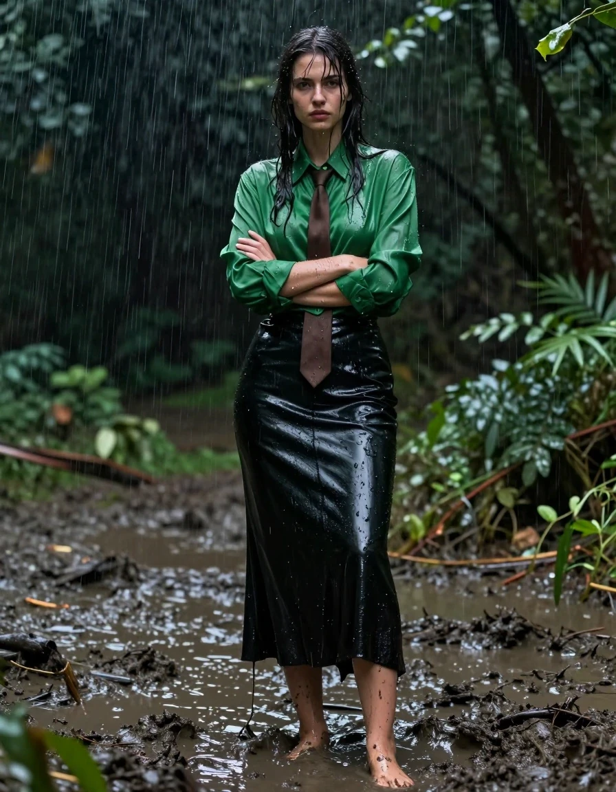 A photorealistic medium shot of a young adult European woman standing in a dense, dark forest during a torrential downpour. She is submerged to her ankles in thick, dark mud, her bare feet caked in mud. She wears a floor-length black leather skirt that is slick with rain, heavy, and clinging to her legs with glossy water-sheen reflections. Her top is a satin long-sleeved buttoned-down oversized green blouse, tightly buttoned to the neck, paired with a brown necktie; the satin fabric is soaking-wet, clinging to her skin, darkened by moisture, with heavy wet folds and high-contrast specular highlights on the fabric's surface. She is folding her arms in deep, contemplative thinking, her expression serious. The rain is heavy, creating water streaks on her skin and soaking her hair, which sticks to her face and shoulders. The environment is dark and moody, with heavy rainfall visible, muddy ground, and lush forest foliage. Cinematic lighting, high-detail textures, 8k resolution, wet-look photography, extremely realistic moisture effects, sharp focus on subject.