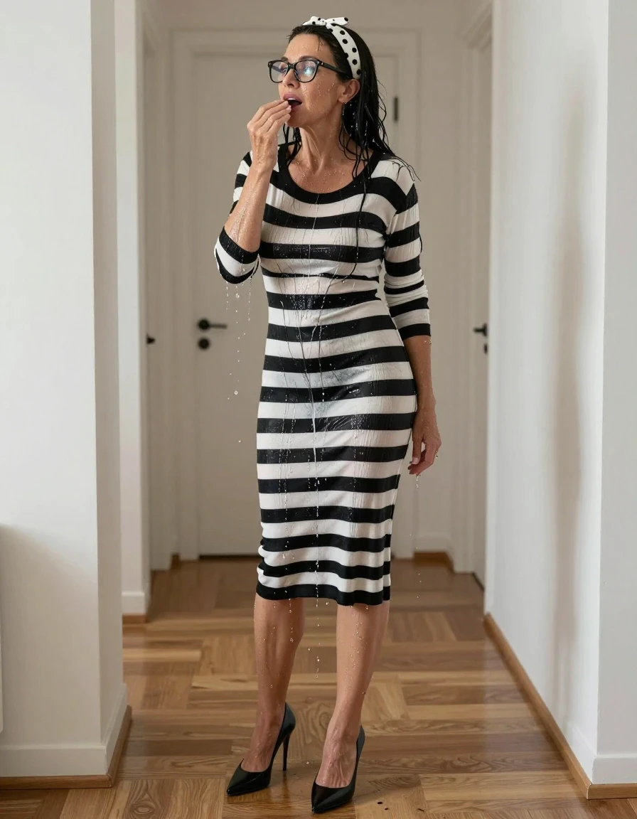 photo of young woman, in soaking wet, drenched clothes,
high-heeled shoes, midi black & white striped sweater dress with a neckline, midi black & white striped sweater dress with a neckline, on the hall of his house, 
enjoying, wet clothes stuck to body,
detailed textures of the wet clothes, wet face, wet plastered hair,
wet, drenched, professional, high-quality details, full body view.
sharp focus, ultra-high pixel detail, realistic, high-quality, full colors, incredibly detailed, 4k, 8k, 16k, hyper-realistic, RAW photo, masterpiece, ultra-detailed, professionally color graded, professional photograph, european brunette skinny woman 50 years old, long dark black hair, white polka-dot headband, office glasses, very big and thick lips, complete body, wet skin, wet clothes, damp fabric, wet skin, wet clothes, damp fabric, wet skin, wet clothes, damp fabric, wet skin, wet clothes, damp fabric, wet skin, wet clothes, damp fabric, wet skin, wet clothes, damp fabric, wet skin, wet clothes, damp fabric