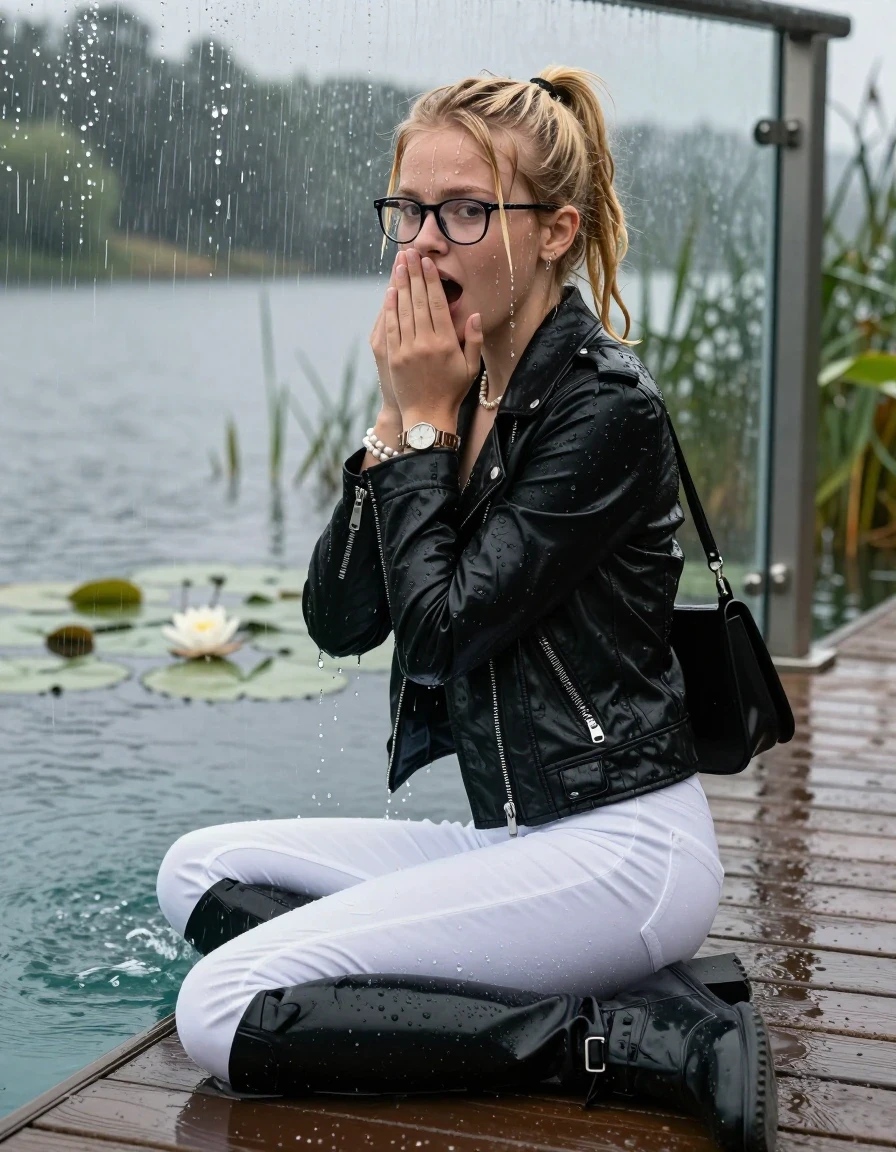 photo of young woman, in soaking wet, drenched clothes,
Black high boots, Thight white levis skinny jeans, Black biker leatherjacket, tight v-neck sweater, shoulderbag, pearl necklace, bracelet, wristwatch, glasses, Orgasm at jetty by the lake with water lilies and reeds, 
enjoying, wet clothes stuck to body,
detailed textures of the wet clothes, wet face, wet plastered hair,
wet, drenched, professional, high-quality details, full body view.
sharp focus, ultra-high pixel detail, realistic, high-quality, full colors, incredibly detailed, 4k, 8k, 16k, hyper-realistic, RAW photo, masterpiece, ultra-detailed, professionally color graded, professional photograph, A realistic vertical fashion photograph taken from a backward, behind-the-back angle of a Young horny 12-year-old teengirl sitting  and let her falling in a glass-walled outdoor swimming pool, facing to the camera to show her back. 

She is tilting her head at camera, letting the water drench her hair so it is glued flat against her head and body. 
She has  blonde twisted ponytail with bangs, completely saturated and dripping wet hair, with water cascading down her face and neck. Afraid and astonished expression. She is a Little Bit fearful and Smile embarrassed. Hold her hands over her mouth. Open mouth, big eyes.

The lighting is bright and cinematic, highlighting the glistening water droplets and the saturated texture of her  casual clothes. Outside the large glass wall of the pool building, heavy rain is visible falling against the window. Soft, moody indoor lighting with reflections on the water. High-quality fashion photography style.
her clothing is soaking wet and clinging tightly to her skin, showing heavy wet folds, darkened fabric texture, and deep water-saturated Patches, her clothes are heavy from the water, water runs from her body and her clothes in streams. A lot of water also runs out of her clothes. Her clothes are darkened by the water. 
hyper-realistic wetness, high-contrast water sheen, sharp focus, 16k resolution, professional photography, realistic water physics., wet skin, wet clothes, damp fabric., wet skin, wet clothes, damp fabric, wet skin, wet clothes, damp fabric, wet skin, wet clothes, damp fabric, wet skin, wet clothes, damp fabric, wet skin, wet clothes, damp fabric, wet skin, wet clothes, damp fabric, wet skin, wet clothes, damp fabric, wet skin, wet clothes, damp fabric