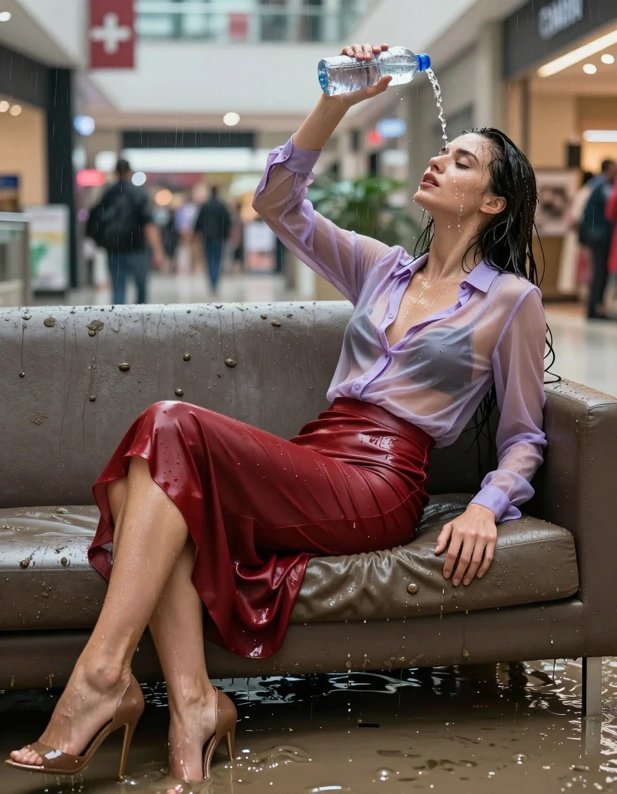 photo of young woman, in soaking wet, drenched clothes,
high-heels, see-throug hlight red satin silk slim floor-length skirt, tranparent, light purple silk blouse,buttoned, long sleeves, no underwear, lying on a muddy couch in the muddy water in the shopping mall pouring a bottle of water over her head, 
enjoying, wet clothes stuck to body,
detailed textures of the wet clothes, wet face, wet plastered hair,
wet, drenched, professional, high-quality details, full body view.
sharp focus, ultra-high pixel detail, realistic, high-quality, full colors, incredibly detailed, 4k, 8k, 16k, hyper-realistic, RAW photo, masterpiece, ultra-detailed, professionally color graded, professional photograph, heavy rain, completely soaked, drenched, dripping wet, visible breasts, wet skin, wet clothes, damp fabric, wet skin, wet clothes, damp fabric, wet skin, wet clothes, damp fabric, wet skin, wet clothes, damp fabric, wet skin, wet clothes, damp fabric, wet skin, wet clothes, damp fabric