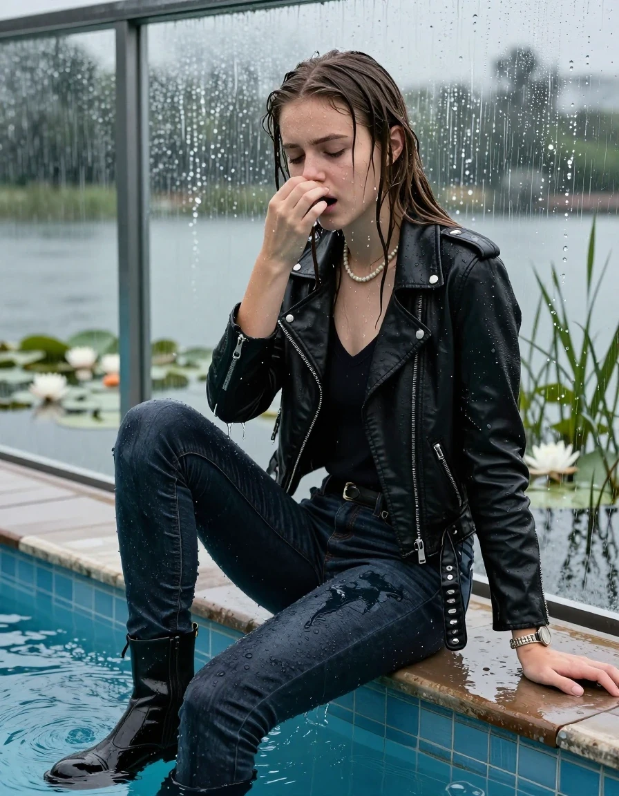 photo of young woman, in soaking wet, drenched clothes,
Black high boots, Thight levis skinny jeans, Black biker leatherjacket, tight v-neck sweater, shoulderbag, pearl necklace, bracelet, wristwatch, jetty by the lake with water lilies and reeds, 
enjoying, wet clothes stuck to body,
detailed textures of the wet clothes, wet face, wet plastered hair,
wet, drenched, professional, high-quality details, full body view.
sharp focus, ultra-high pixel detail, realistic, high-quality, full colors, incredibly detailed, 4k, 8k, 16k, hyper-realistic, RAW photo, masterpiece, ultra-detailed, professionally color graded, professional photograph, A realistic vertical fashion photograph taken from a backward, behind-the-back angle of two Young horny 15-year-old teengirl sitting, leaning forward and let her falling in a glass-walled outdoor swimming pool, facing up to the camera to show her back. 

She is tilting her head at camera, letting the water drench her hair so it is glued flat against her head and body. 
She has  brunette Sleek Long straight hair with braids, completely saturated and dripping wet hair, with water cascading down her face and neck. Afraid and astonished expression. She is a Little Bit fearful. Hold a hand over her nose. Closed eyes.

The lighting is bright and cinematic, highlighting the glistening water droplets and the saturated texture of her  casual clothes. Outside the large glass wall of the pool building, heavy rain is visible falling against the window. Soft, moody indoor lighting with reflections on the water. High-quality fashion photography style.
her clothing is soaking wet and clinging tightly to her skin, showing heavy wet folds, darkened fabric texture, and deep water-saturated Patches, her clothes are heavy from the water, water runs from her body and her clothes in streams. A lot of water also runs out of her clothes. Her clothes are darkened by the water. 
hyper-realistic wetness, high-contrast water sheen, sharp focus, 16k resolution, professional photography, realistic water physics., wet skin, wet clothes, damp fabric., wet skin, wet clothes, damp fabric, wet skin, wet clothes, damp fabric, wet skin, wet clothes, damp fabric, wet skin, wet clothes, damp fabric, wet skin, wet clothes, damp fabric, wet skin, wet clothes, damp fabric, wet skin, wet clothes, damp fabric, wet skin, wet clothes, damp fabric