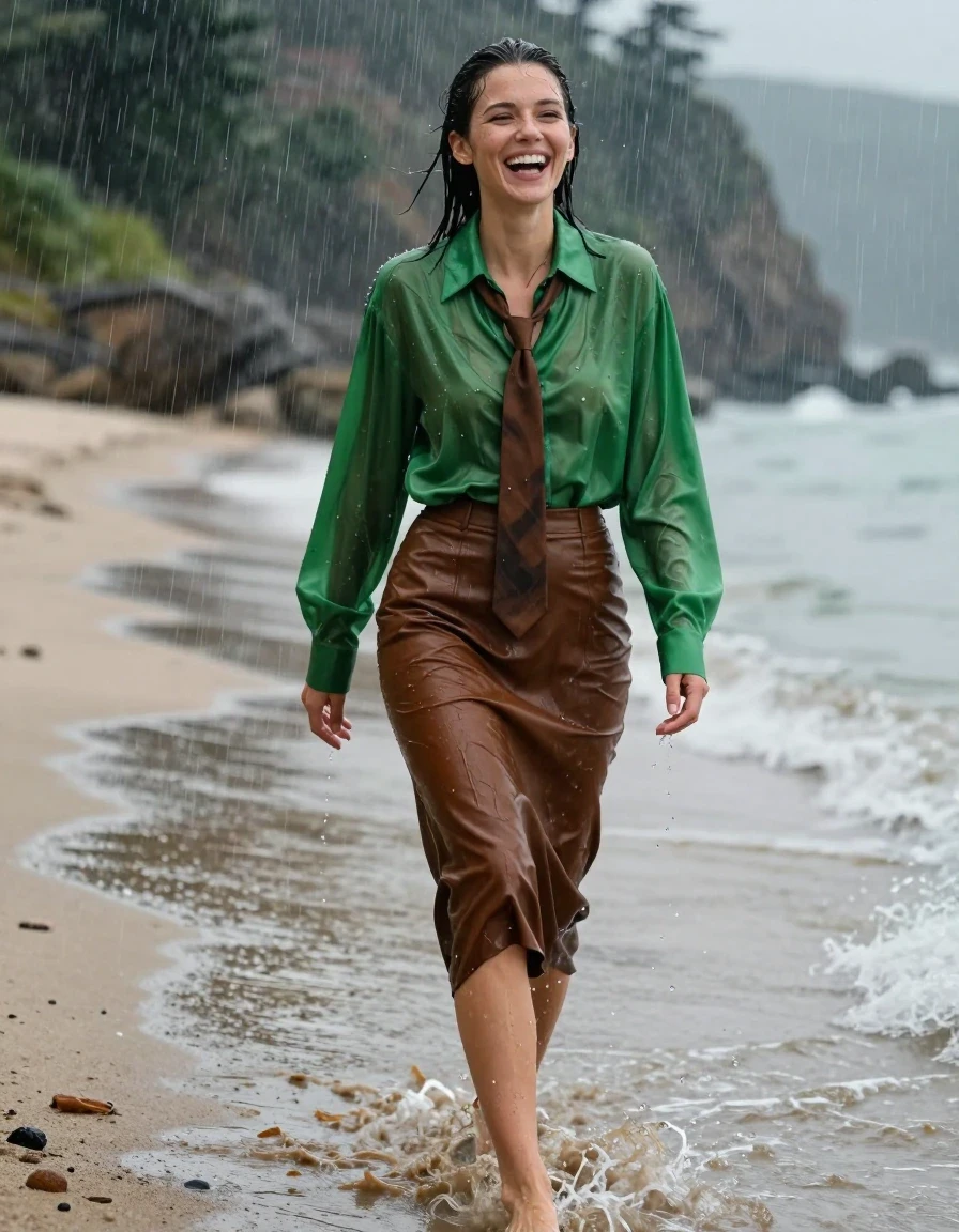 photo of young woman, in soaking wet, drenched clothes,
barefeet, floor-length leather skirt, satin long-sleeved buttoned-down oversized green blouse, brown necktie, empty beach, torrential rain, 
enjoying, wet clothes stuck to body,
detailed textures of the wet clothes, wet face, wet plastered hair,
wet, drenched, professional, high-quality details, full body view.
sharp focus, ultra-high pixel detail, realistic, high-quality, full colors, incredibly detailed, 4k, 8k, 16k, hyper-realistic, RAW photo, masterpiece, ultra-detailed, professionally color graded, professional photograph, rolling in the mud laughing, wet skin, wet clothes, damp fabric, wet skin, wet clothes, damp fabric