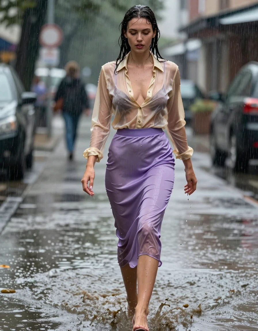 photo of young woman, in soaking wet, drenched clothes,
high-heels, see-throug hlight purple satin silk slim floor-length skirt, tranparent, light golden silk blouse,buttoned, long sleeves, no underwear, walking through the muddy water in the streets, 
enjoying, wet clothes stuck to body,
detailed textures of the wet clothes, wet face, wet plastered hair,
wet, drenched, professional, high-quality details, full body view.
sharp focus, ultra-high pixel detail, realistic, high-quality, full colors, incredibly detailed, 4k, 8k, 16k, hyper-realistic, RAW photo, masterpiece, ultra-detailed, professionally color graded, professional photograph, heavy rain, completely soaked, drenched, dripping wet, visible breasts, wet skin, wet clothes, damp fabric, wet skin, wet clothes, damp fabric, wet skin, wet clothes, damp fabric, wet skin, wet clothes, damp fabric, wet skin, wet clothes, damp fabric