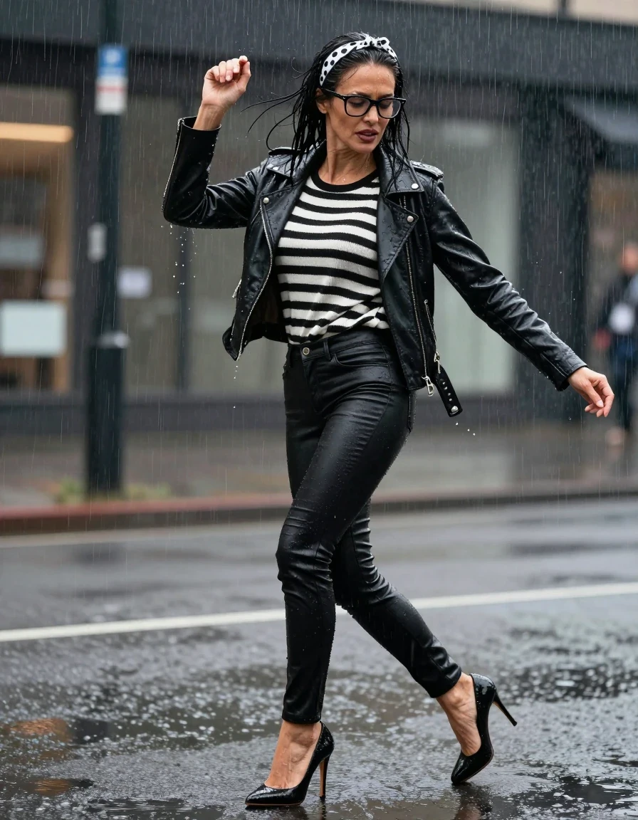 photo of young woman, in soaking wet, drenched clothes,
high-heeled shoes, long black leather jeans, midi black & white striped sweater with a neckline, , black byker leather jacket, dancing under hard rain, 
enjoying, wet clothes stuck to body,
detailed textures of the wet clothes, wet face, wet plastered hair,
wet, drenched, professional, high-quality details, full body view.
sharp focus, ultra-high pixel detail, realistic, high-quality, full colors, incredibly detailed, 4k, 8k, 16k, hyper-realistic, RAW photo, masterpiece, ultra-detailed, professionally color graded, professional photograph, european brunette skinny woman 50 years old, long dark black hair, white polka-dot headband, office glasses, very big and thick lips, complete body, wet skin, wet clothes, damp fabric, wet skin, wet clothes, damp fabric, wet skin, wet clothes, damp fabric, wet skin, wet clothes, damp fabric, wet skin, wet clothes, damp fabric, wet skin, wet clothes, damp fabric, wet skin, wet clothes, damp fabric