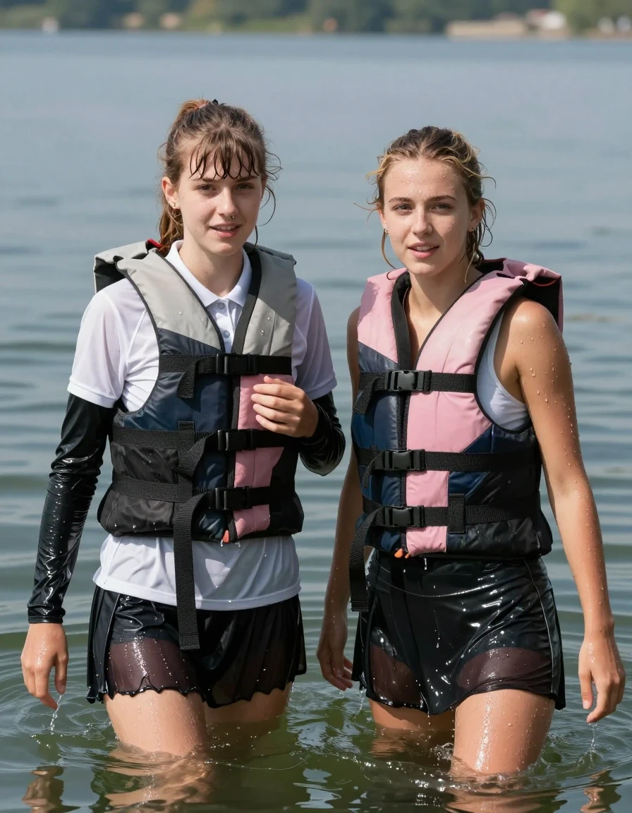 photo of young woman, in soaking wet, drenched clothes,
, , casual wear, 2 girls, they are swimming deep in the lake, both submerged in water, they stay afloat with life jackets worn over their clothes, the water is high , 
enjoying, wet clothes stuck to body,
detailed textures of the wet clothes, wet face, wet plastered hair,
wet, drenched, professional, high-quality details, full body view.
sharp focus, ultra-high pixel detail, realistic, high-quality, full colors, incredibly detailed, 4k, 8k, 16k, hyper-realistic, RAW photo, masterpiece, ultra-detailed, professionally color graded, professional photograph, 2 college girls both having fun together. both similar age, a nineteen year old girl, a She has a wide square young face a very small chest, she is a pale brunette with a ponytail and bangs and a septum piercing, She is full of youthful energy, she is wearing a white heavy cotton polo over a black long sleeve undershirt, she has a modest black skirt on that has only 3 pleats and covers her knees, Tights,  Her friend has dark blonde hair, she is wearing the same skirt but has a pale pink sports bra on. her clothes darken from the water. She has a wide square face,, wet skin, wet clothes, damp fabric, wet skin, wet clothes, damp fabric, wet skin, wet clothes, damp fabric, wet skin, wet clothes, damp fabric, wet skin, wet clothes, damp fabric, wet skin, wet clothes, damp fabric, wet skin, wet clothes, damp fabric, wet skin, wet clothes, damp fabric, wet skin, wet clothes, damp fabric, wet skin, wet clothes, damp fabric, wet skin, wet clothes, damp fabric
