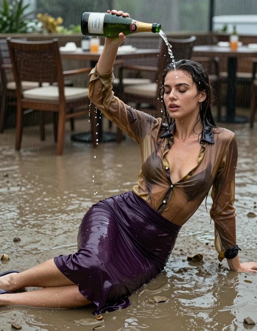 photo of young woman, in soaking wet, drenched clothes,
high-heels, see-through dark purple satin silk slim floor-length skirt, tranparent, dark golden silk blouse,buttoned, long sleeves, no underwear, lying in the muddy surf in the water of a shower in a restaurant, 
enjoying, wet clothes stuck to body,
detailed textures of the wet clothes, wet face, wet plastered hair,
wet, drenched, professional, high-quality details, full body view.
sharp focus, ultra-high pixel detail, realistic, high-quality, full colors, incredibly detailed, 4k, 8k, 16k, hyper-realistic, RAW photo, masterpiece, ultra-detailed, professionally color graded, professional photograph, heavy rain, completely soaked, drenched, dripping wet, visible breasts, she pours a bottle of champagne over her head, wet skin, wet clothes, damp fabric, wet skin, wet clothes, damp fabric, wet skin, wet clothes, damp fabric, wet skin, wet clothes, damp fabric