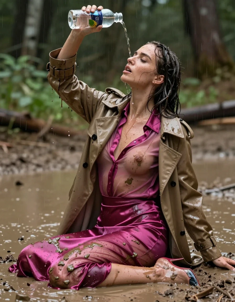 photo of young woman, in soaking wet, drenched clothes,
high-heels, see-through, oversized magenta satin silk slim floor-length skirt, see-through, tranparent, oversized magenta satin silk blouse, buttoned, long sleeves, trench coat, sitting in a muddy puddle in the muddy water in the woods, pouring a bottle of muddy water over her head, 
enjoying, wet clothes stuck to body,
detailed textures of the wet clothes, wet face, wet plastered hair,
wet, drenched, professional, high-quality details, full body view.
sharp focus, ultra-high pixel detail, realistic, high-quality, full colors, incredibly detailed, 4k, 8k, 16k, hyper-realistic, RAW photo, masterpiece, ultra-detailed, professionally color graded, professional photograph, muddy clothes, heavy rain, completely soaked, drenched, dripping wet, visible breasts, wet skin, wet clothes, damp fabric, wet skin, wet clothes, damp fabric, wet skin, wet clothes, damp fabric, wet skin, wet clothes, damp fabric, wet skin, wet clothes, damp fabric, wet skin, wet clothes, damp fabric
