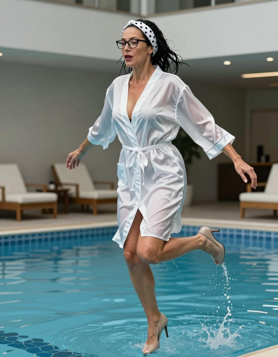 photo of young woman, in soaking wet, drenched clothes,
high-heeled shoes, maxi white Satin housecoat, maxi white Satin housecoat, jumping in indoor swimming pool, 
enjoying, wet clothes stuck to body,
detailed textures of the wet clothes, wet face, wet plastered hair,
wet, drenched, professional, high-quality details, full body view.
sharp focus, ultra-high pixel detail, realistic, high-quality, full colors, incredibly detailed, 4k, 8k, 16k, hyper-realistic, RAW photo, masterpiece, ultra-detailed, professionally color graded, professional photograph, european brunette skinny woman 50 years old, long dark black hair, white polka-dot headband, office glasses, very big and thick lips, complete body, wet skin, wet clothes, damp fabric, wet skin, wet clothes, damp fabric, wet skin, wet clothes, damp fabric, wet skin, wet clothes, damp fabric, wet skin, wet clothes, damp fabric, wet skin, wet clothes, damp fabric, wet skin, wet clothes, damp fabric