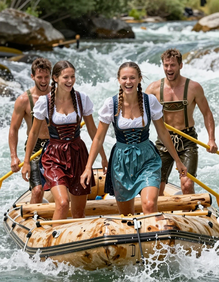 photo of young woman, in soaking wet, drenched clothes,
, nylon hold-ups, dirndl , wild river, 
enjoying, wet clothes stuck to body,
detailed textures of the wet clothes, wet face, wet plastered hair,
wet, drenched, professional, high-quality details, full body view.
sharp focus, ultra-high pixel detail, realistic, high-quality, full colors, incredibly detailed, 4k, 8k, 16k, hyper-realistic, RAW photo, masterpiece, ultra-detailed, professionally color graded, professional photograph, it is a sunny day. two 25 year old nordic girl in dindl and two man in lederhose standing on a whitewater raft of wooden logs. They are doing an wild water rafting. the river is very wild.  Water splashes into the boat from all sides, drenching all people. Spray splashes onto the people. their clothing is completely soaked and clings to their body. The wet clothes glisten in the sun. they are laughing heartily; the girls hair is braided into two pigtails. the wet dirndl blouse clings to her body. wet skin, wet clothes, damp fabric,, wet skin, wet clothes, damp fabric