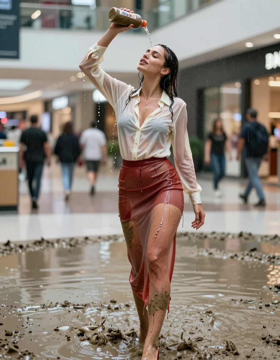 photo of young woman, in soaking wet, drenched clothes,
high-heels, see-through, transparent, light red satin silk slim floor-length skirt, see-through, tranparent, cream white silk blouse, buttoned, long sleeves, no underwear, standing in a muddy shower in the muddy water in the shopping mall, pouring a bottle of muddy water over her head, 
enjoying, wet clothes stuck to body,
detailed textures of the wet clothes, wet face, wet plastered hair,
wet, drenched, professional, high-quality details, full body view.
sharp focus, ultra-high pixel detail, realistic, high-quality, full colors, incredibly detailed, 4k, 8k, 16k, hyper-realistic, RAW photo, masterpiece, ultra-detailed, professionally color graded, professional photograph, heavy rain, completely soaked, drenched, dripping wet, visible breasts, wet skin, wet clothes, damp fabric, wet skin, wet clothes, damp fabric, wet skin, wet clothes, damp fabric, wet skin, wet clothes, damp fabric, wet skin, wet clothes, damp fabric, wet skin, wet clothes, damp fabric