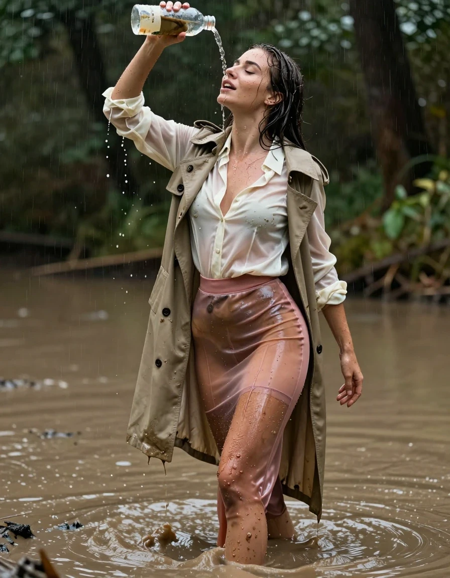 photo of young woman, in soaking wet, drenched clothes,
high-heels, see-through, transparent, dark pink satin silk slim floor-length skirt, see-through, tranparent, cream white satin silk blouse, buttoned, long sleeves, trench coat, wading in a muddy puddle in the muddy water in the woods, pouring a bottle of muddy water over her head, 
enjoying, wet clothes stuck to body,
detailed textures of the wet clothes, wet face, wet plastered hair,
wet, drenched, professional, high-quality details, full body view.
sharp focus, ultra-high pixel detail, realistic, high-quality, full colors, incredibly detailed, 4k, 8k, 16k, hyper-realistic, RAW photo, masterpiece, ultra-detailed, professionally color graded, professional photograph, muddy clothes, heavy rain, completely soaked, drenched, dripping wet, visible breasts, wet skin, wet clothes, damp fabric, wet skin, wet clothes, damp fabric, wet skin, wet clothes, damp fabric, wet skin, wet clothes, damp fabric, wet skin, wet clothes, damp fabric, wet skin, wet clothes, damp fabric