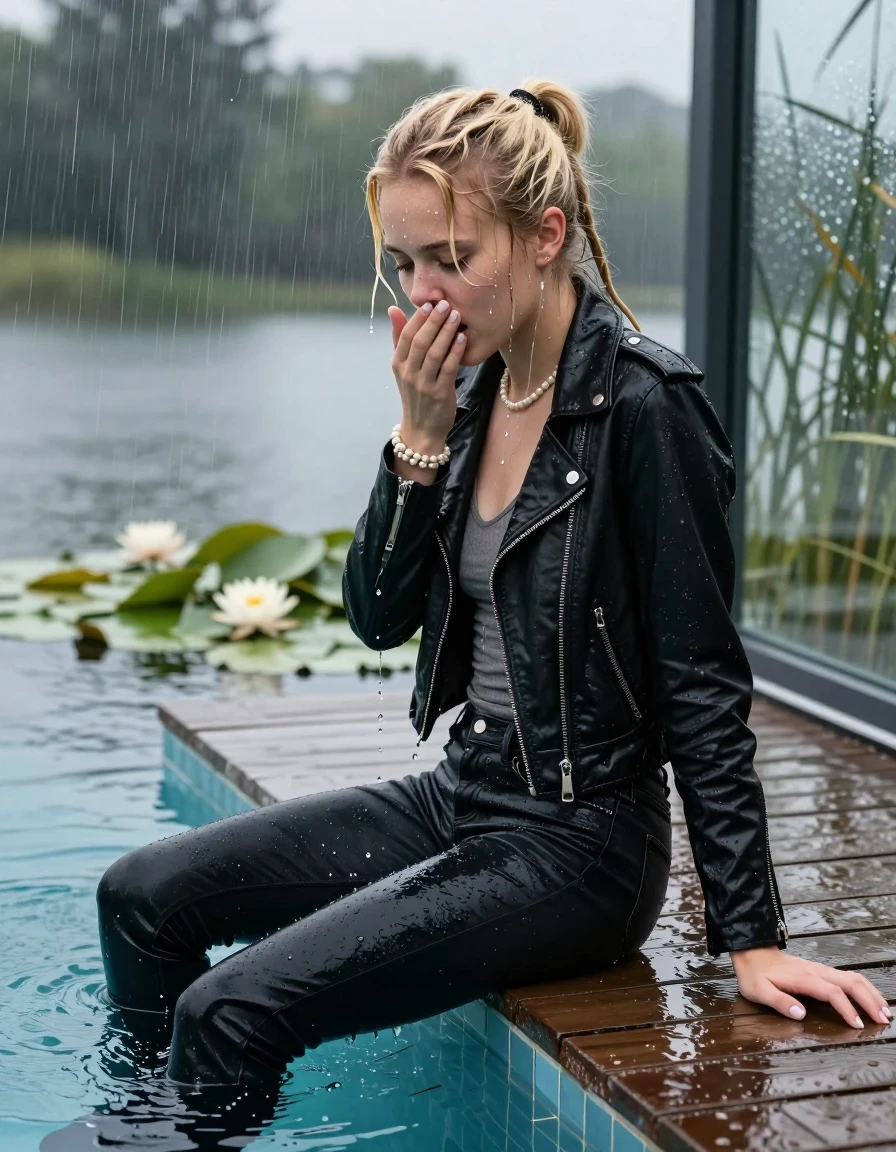 photo of young woman, in soaking wet, drenched clothes,
Black high boots, Thight levis skinny jeans, Black biker leatherjacket, tight v-neck sweater, shoulderbag, pearl necklace, bracelet, wristwatch, glasses, Orgasm at jetty by the lake with water lilies and reeds, 
enjoying, wet clothes stuck to body,
detailed textures of the wet clothes, wet face, wet plastered hair,
wet, drenched, professional, high-quality details, full body view.
sharp focus, ultra-high pixel detail, realistic, high-quality, full colors, incredibly detailed, 4k, 8k, 16k, hyper-realistic, RAW photo, masterpiece, ultra-detailed, professionally color graded, professional photograph, A realistic vertical fashion photograph taken from a backward, behind-the-back angle of a Young horny 12-year-old teengirl sitting  and let her falling in a glass-walled outdoor swimming pool, facing down to the camera to show her back. 

She is tilting her head at camera, letting the water drench her hair so it is glued flat against her head and body. 
She has  blonde twisted ponytail with bangs, completely saturated and dripping wet hair, with water cascading down her face and neck. Afraid and astonished expression. She is a Little Bit fearful. Hold her hands over her mouth. Closed eyes.

The lighting is bright and cinematic, highlighting the glistening water droplets and the saturated texture of her  casual clothes. Outside the large glass wall of the pool building, heavy rain is visible falling against the window. Soft, moody indoor lighting with reflections on the water. High-quality fashion photography style.
her clothing is soaking wet and clinging tightly to her skin, showing heavy wet folds, darkened fabric texture, and deep water-saturated Patches, her clothes are heavy from the water, water runs from her body and her clothes in streams. A lot of water also runs out of her clothes. Her clothes are darkened by the water. 
hyper-realistic wetness, high-contrast water sheen, sharp focus, 16k resolution, professional photography, realistic water physics., wet skin, wet clothes, damp fabric., wet skin, wet clothes, damp fabric, wet skin, wet clothes, damp fabric, wet skin, wet clothes, damp fabric, wet skin, wet clothes, damp fabric, wet skin, wet clothes, damp fabric, wet skin, wet clothes, damp fabric, wet skin, wet clothes, damp fabric, wet skin, wet clothes, damp fabric