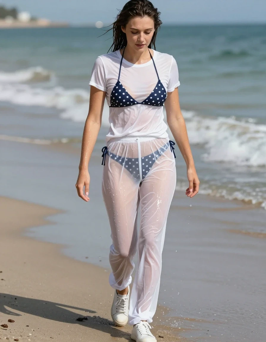 photo of young woman, in soaking wet, drenched clothes,
sneakers, white thin pants, a bit loose. underneath wet polka dot bikini, pants damp over them, see through, white t-shirt, wet bikini top shines through, coming from beach after swim, 
enjoying, wet clothes stuck to body,
detailed textures of the wet clothes, wet face, wet plastered hair,
wet, drenched, professional, high-quality details, full body view.
sharp focus, ultra-high pixel detail, realistic, high-quality, full colors, incredibly detailed, 4k, 8k, 16k, hyper-realistic, RAW photo, masterpiece, ultra-detailed, professionally color graded, professional photograph, shirt and pants on top of bikini as normal. image taken from behind. clothes only little damp on bikini area, thus just a hint of bikini is seen through clothes. at least f-cup, wet skin, wet clothes, damp fabric