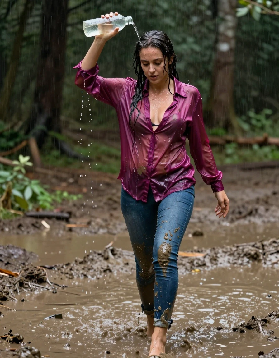 photo of young woman, in soaking wet, drenched clothes,
high-heels, blue jeans, dripping wet, shiny, see-through, tranparent, oversized magenta satin silk blouse, buttoned, long sleeves, no bra, shower, walking in a deep muddy puddle in the muddy water in the woods, pouring a bottle of muddy water over her head, 
enjoying, wet clothes stuck to body,
detailed textures of the wet clothes, wet face, wet plastered hair,
wet, drenched, professional, high-quality details, full body view.
sharp focus, ultra-high pixel detail, realistic, high-quality, full colors, incredibly detailed, 4k, 8k, 16k, hyper-realistic, RAW photo, masterpiece, ultra-detailed, professionally color graded, professional photograph, muddy clothes, heavy rain, completely soaked, drenched, dripping wet, visible breasts, wet skin, mud in her hair, wet clothes, damp fabric, wet skin, wet clothes, damp fabric, wet skin, wet clothes, damp fabric, wet skin, wet clothes, damp fabric, wet clothes, damp fabric, wet skin, wet clothes, damp fabric