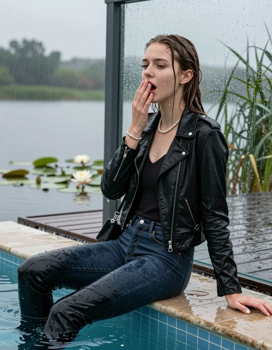 photo of young woman, in soaking wet, drenched clothes,
Black high boots, Thight levis skinny jeans, Black biker leatherjacket, tight v-neck sweater, shoulderbag, pearl necklace, bracelet, wristwatch, Orgasm at jetty by the lake with water lilies and reeds, 
enjoying, wet clothes stuck to body,
detailed textures of the wet clothes, wet face, wet plastered hair,
wet, drenched, professional, high-quality details, full body view.
sharp focus, ultra-high pixel detail, realistic, high-quality, full colors, incredibly detailed, 4k, 8k, 16k, hyper-realistic, RAW photo, masterpiece, ultra-detailed, professionally color graded, professional photograph, A realistic vertical fashion photograph taken from a backward, behind-the-back angle of a Young horny 15-year-old teengirl sitting  and let her falling in a glass-walled outdoor swimming pool, facing up to the camera to show her back. 

She is tilting her head at camera, letting the water drench her hair so it is glued flat against her head and body. 
She has  brunette Sleek Long straight hair with braids, completely saturated and dripping wet hair, with water cascading down her face and neck. Afraid and astonished expression. She is a Little Bit fearful. Hold a hand on her mouth. Closed eyes.

The lighting is bright and cinematic, highlighting the glistening water droplets and the saturated texture of her  casual clothes. Outside the large glass wall of the pool building, heavy rain is visible falling against the window. Soft, moody indoor lighting with reflections on the water. High-quality fashion photography style.
her clothing is soaking wet and clinging tightly to her skin, showing heavy wet folds, darkened fabric texture, and deep water-saturated Patches, her clothes are heavy from the water, water runs from her body and her clothes in streams. A lot of water also runs out of her clothes. Her clothes are darkened by the water. 
hyper-realistic wetness, high-contrast water sheen, sharp focus, 16k resolution, professional photography, realistic water physics., wet skin, wet clothes, damp fabric., wet skin, wet clothes, damp fabric, wet skin, wet clothes, damp fabric, wet skin, wet clothes, damp fabric, wet skin, wet clothes, damp fabric, wet skin, wet clothes, damp fabric, wet skin, wet clothes, damp fabric, wet skin, wet clothes, damp fabric, wet skin, wet clothes, damp fabric