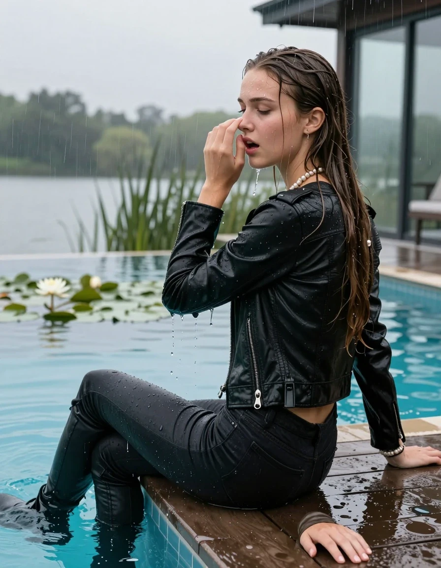 photo of young woman, in soaking wet, drenched clothes,
Black high boots, Thight levis skinny jeans, Black biker leatherjacket, tight v-neck sweater, shoulderbag, pearl necklace, bracelet, wristwatch, Orgasm at jetty by the lake with water lilies and reeds, 
enjoying, wet clothes stuck to body,
detailed textures of the wet clothes, wet face, wet plastered hair,
wet, drenched, professional, high-quality details, full body view.
sharp focus, ultra-high pixel detail, realistic, high-quality, full colors, incredibly detailed, 4k, 8k, 16k, hyper-realistic, RAW photo, masterpiece, ultra-detailed, professionally color graded, professional photograph, A realistic vertical fashion photograph taken from a backward, behind-the-back angle of two Young horny 15-year-old teengirl sitting  and let her falling in a glass-walled outdoor swimming pool, facing up to the camera to show her back. 

She is tilting her head at camera, letting the water drench her hair so it is glued flat against her head and body. 
She has  brunette Sleek Long straight hair with braids, completely saturated and dripping wet hair, with water cascading down her face and neck. Afraid and astonished expression. She is a Little Bit fearful. Hold a hand over her nose. Closed eyes.

The lighting is bright and cinematic, highlighting the glistening water droplets and the saturated texture of her  casual clothes. Outside the large glass wall of the pool building, heavy rain is visible falling against the window. Soft, moody indoor lighting with reflections on the water. High-quality fashion photography style.
her clothing is soaking wet and clinging tightly to her skin, showing heavy wet folds, darkened fabric texture, and deep water-saturated Patches, her clothes are heavy from the water, water runs from her body and her clothes in streams. A lot of water also runs out of her clothes. Her clothes are darkened by the water. 
hyper-realistic wetness, high-contrast water sheen, sharp focus, 16k resolution, professional photography, realistic water physics., wet skin, wet clothes, damp fabric., wet skin, wet clothes, damp fabric, wet skin, wet clothes, damp fabric, wet skin, wet clothes, damp fabric, wet skin, wet clothes, damp fabric, wet skin, wet clothes, damp fabric, wet skin, wet clothes, damp fabric, wet skin, wet clothes, damp fabric, wet skin, wet clothes, damp fabric