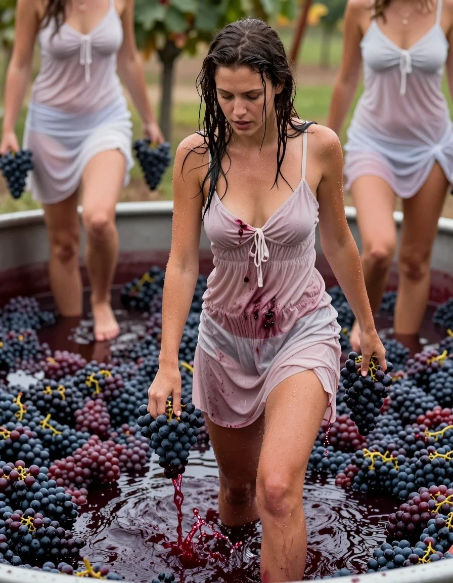 photo of young woman, in soaking wet, drenched clothes,
bare, panties, light summer dress, bra underneath, huge deep vat of wine grapes, 
enjoying, wet clothes stuck to body,
detailed textures of the wet clothes, wet face, wet plastered hair,
wet, drenched, professional, high-quality details, full body view.
sharp focus, ultra-high pixel detail, realistic, high-quality, full colors, incredibly detailed, 4k, 8k, 16k, hyper-realistic, RAW photo, masterpiece, ultra-detailed, professionally color graded, professional photograph, a few women foot-treading wine grapes, depth up to knees or higher,  lots of splashes of red wine on dresses. all women on wine, all wearing light coloured, different dresses, some totally drenched on red wine. wine is sticky, wet skin, wet clothes, damp fabric
