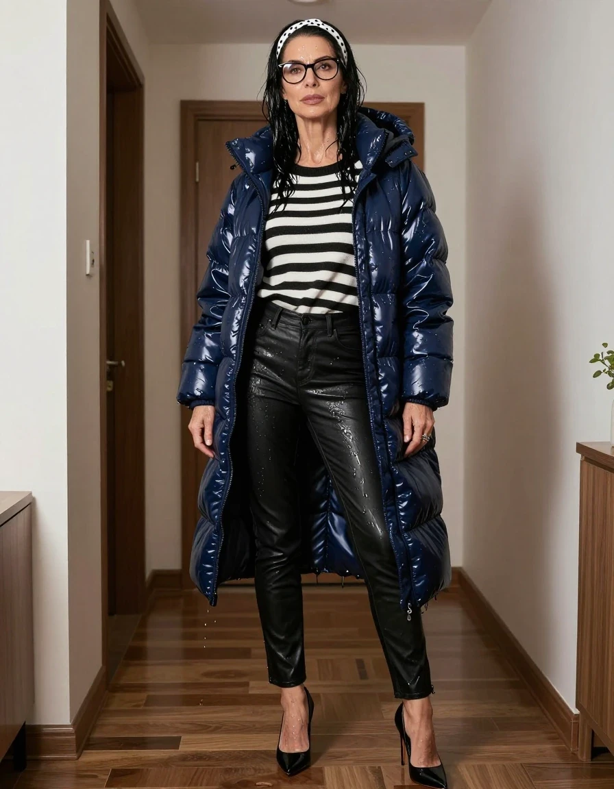 photo of young woman, in soaking wet, drenched clothes,
high-heeled shoes, long black leather jeans, midi black & white striped sweater with a neckline, maxi shiny dark blue down jacket, on the hall of his house, 
enjoying, wet clothes stuck to body,
detailed textures of the wet clothes, wet face, wet plastered hair,
wet, drenched, professional, high-quality details, full body view.
sharp focus, ultra-high pixel detail, realistic, high-quality, full colors, incredibly detailed, 4k, 8k, 16k, hyper-realistic, RAW photo, masterpiece, ultra-detailed, professionally color graded, professional photograph, european brunette skinny woman 50 years old, long dark black hair, white polka-dot headband, office glasses, very big and thick lips, complete body, wet skin, wet clothes, damp fabric, wet skin, wet clothes, damp fabric, wet skin, wet clothes, damp fabric, wet skin, wet clothes, damp fabric, wet skin, wet clothes, damp fabric, wet skin, wet clothes, damp fabric, wet skin, wet clothes, damp fabric