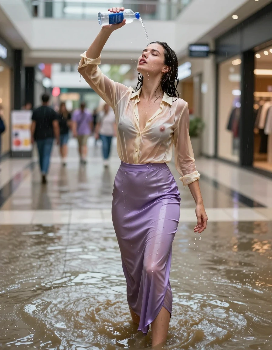 photo of young woman, in soaking wet, drenched clothes,
high-heels, see-throug hlight purple satin silk slim floor-length skirt, tranparent, light golden silk blouse,buttoned, long sleeves, no underwear, standing in the muddy water in the shopping mall pouring a bottle of water over her head, 
enjoying, wet clothes stuck to body,
detailed textures of the wet clothes, wet face, wet plastered hair,
wet, drenched, professional, high-quality details, full body view.
sharp focus, ultra-high pixel detail, realistic, high-quality, full colors, incredibly detailed, 4k, 8k, 16k, hyper-realistic, RAW photo, masterpiece, ultra-detailed, professionally color graded, professional photograph, heavy rain, completely soaked, drenched, dripping wet, visible breasts, wet skin, wet clothes, damp fabric, wet skin, wet clothes, damp fabric, wet skin, wet clothes, damp fabric, wet skin, wet clothes, damp fabric, wet skin, wet clothes, damp fabric