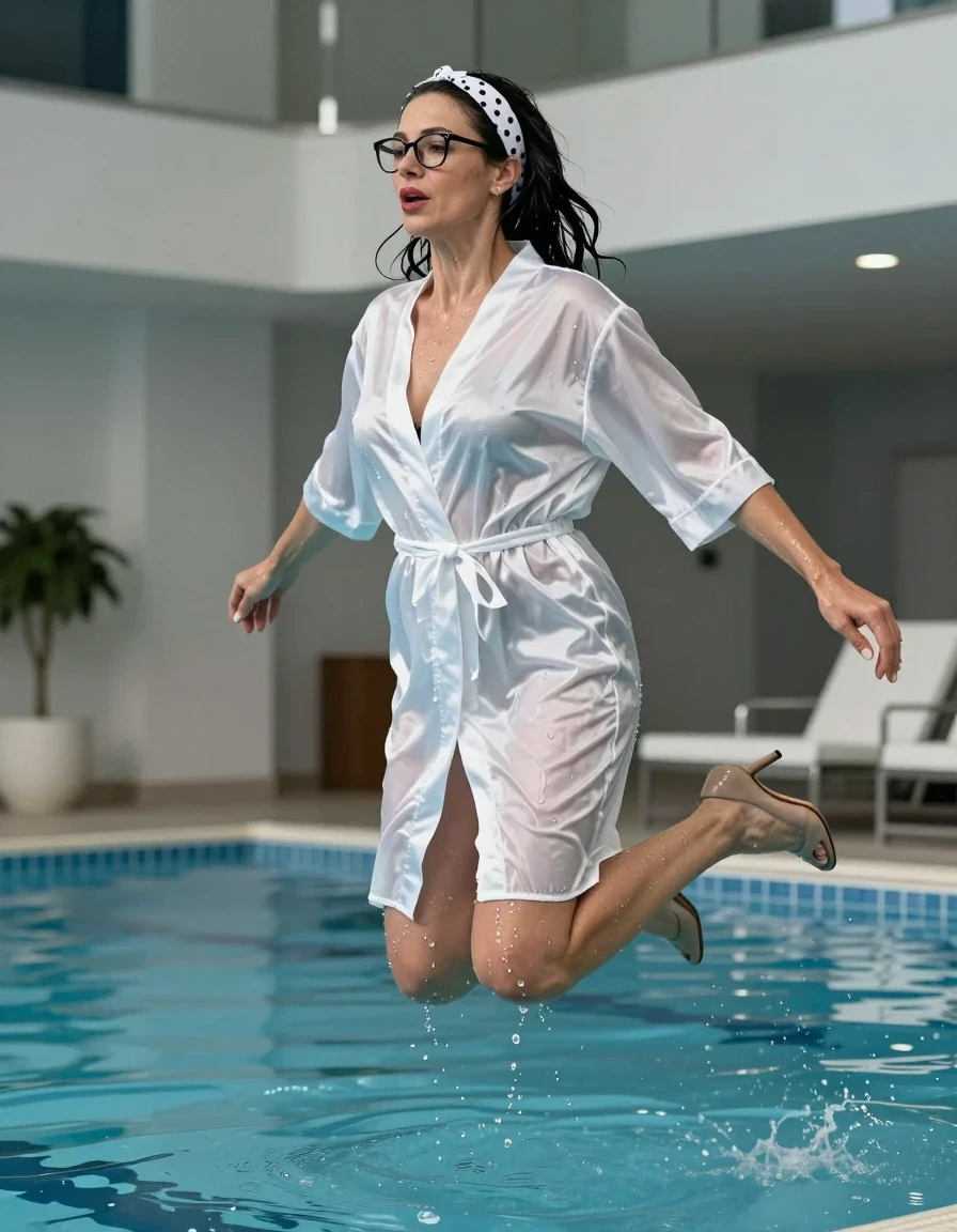 photo of young woman, in soaking wet, drenched clothes,
high-heeled shoes, maxi white Satin housecoat, maxi white Satin housecoat, jumping in indoor swimming pool, 
enjoying, wet clothes stuck to body,
detailed textures of the wet clothes, wet face, wet plastered hair,
wet, drenched, professional, high-quality details, full body view.
sharp focus, ultra-high pixel detail, realistic, high-quality, full colors, incredibly detailed, 4k, 8k, 16k, hyper-realistic, RAW photo, masterpiece, ultra-detailed, professionally color graded, professional photograph, european brunette skinny woman 50 years old, long dark black hair, white polka-dot headband, office glasses, very big and thick lips, complete body, wet skin, wet clothes, damp fabric, wet skin, wet clothes, damp fabric, wet skin, wet clothes, damp fabric, wet skin, wet clothes, damp fabric, wet skin, wet clothes, damp fabric, wet skin, wet clothes, damp fabric, wet skin, wet clothes, damp fabric