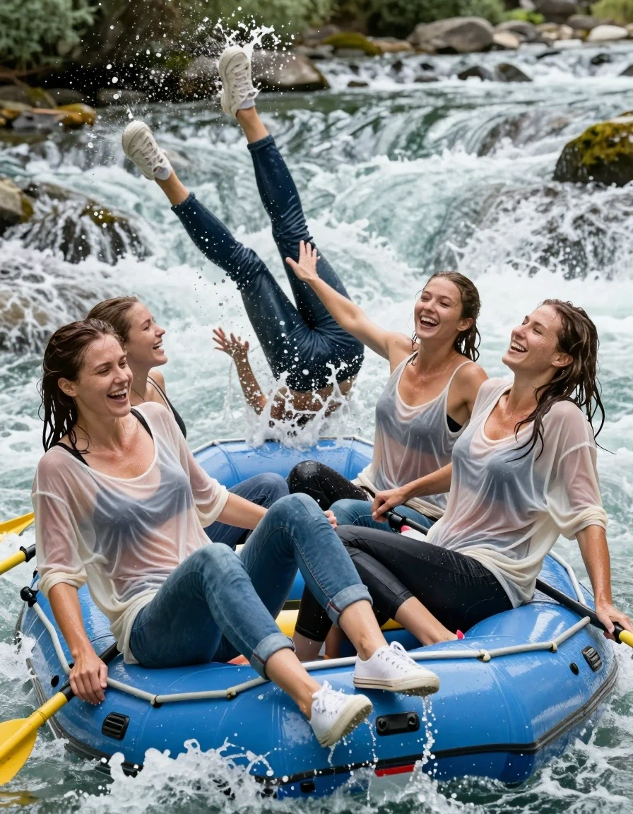 photo of young woman, in soaking wet, drenched clothes,
sneakers, blue jeans, oversized summer top, no bra, wild river, 
enjoying, wet clothes stuck to body,
detailed textures of the wet clothes, wet face, wet plastered hair,
wet, drenched, professional, high-quality details, full body view.
sharp focus, ultra-high pixel detail, realistic, high-quality, full colors, incredibly detailed, 4k, 8k, 16k, hyper-realistic, RAW photo, masterpiece, ultra-detailed, professionally color graded, professional photograph, four 25 year old nordic girls in a inflatable rafting boat are on a wild water rafting. one of the girls falls backward into the river. All four girls wear jeans and a thin oversized top. the river is very wild.  Water splashes into the boat from all sides, drenching the women. Spray splashes onto the women. Their clothing is completely soaked and clings to their bodies. The wet jeans glisten in the sun. The women are laughing heartily. the thin fabric perfectly outlines the shape of their bodies. wet skin, wet clothes, damp fabric, wet skin, wet clothes, damp fabric