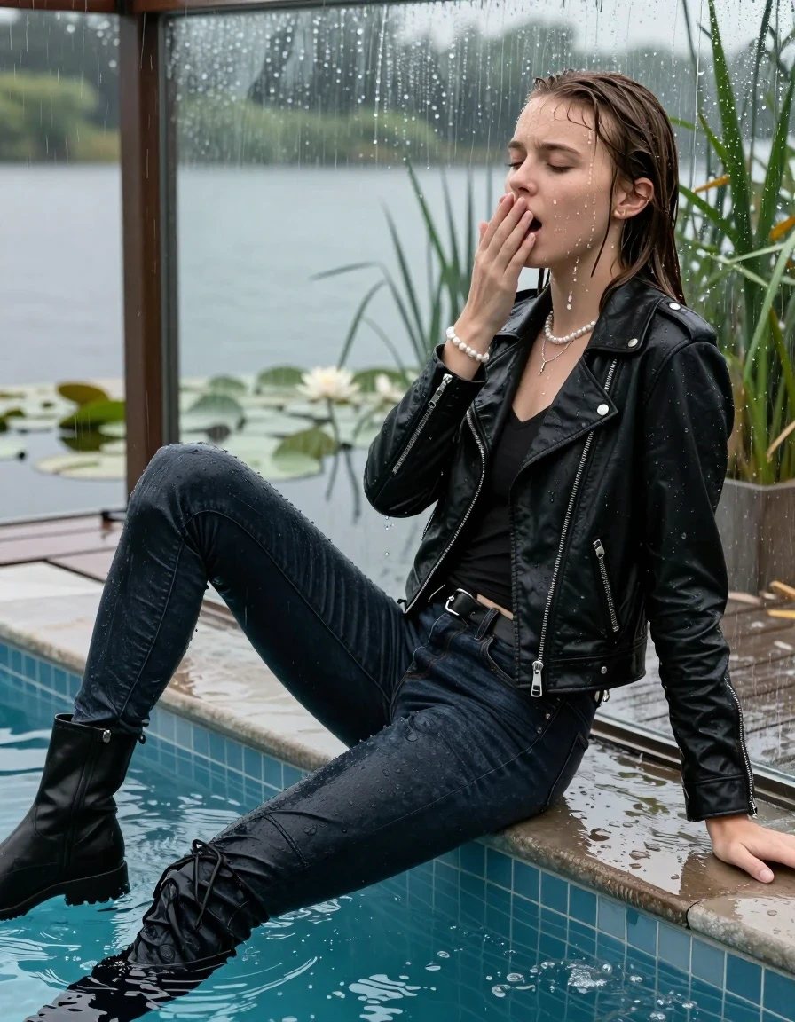 photo of young woman, in soaking wet, drenched clothes,
Black high boots, Thight levis skinny jeans, Black biker leatherjacket, tight v-neck sweater, shoulderbag, pearl necklace, bracelet, wristwatch, Orgasm at jetty by the lake with water lilies and reeds, 
enjoying, wet clothes stuck to body,
detailed textures of the wet clothes, wet face, wet plastered hair,
wet, drenched, professional, high-quality details, full body view.
sharp focus, ultra-high pixel detail, realistic, high-quality, full colors, incredibly detailed, 4k, 8k, 16k, hyper-realistic, RAW photo, masterpiece, ultra-detailed, professionally color graded, professional photograph, A realistic vertical fashion photograph taken from a backward, behind-the-back angle of two Young horny 15-year-old teengirl sitting  and let her falling in a glass-walled outdoor swimming pool, facing up to the camera to show her back. 

She is tilting her head at camera, letting the water drench her hair so it is glued flat against her head and body. 
She has  brunette Sleek Long straight hair with braids, completely saturated and dripping wet hair, with water cascading down her face and neck. Afraid and astonished expression. She is a Little Bit fearful. Hold a hand on her mouth. Closed eyes.

The lighting is bright and cinematic, highlighting the glistening water droplets and the saturated texture of her  casual clothes. Outside the large glass wall of the pool building, heavy rain is visible falling against the window. Soft, moody indoor lighting with reflections on the water. High-quality fashion photography style.
her clothing is soaking wet and clinging tightly to her skin, showing heavy wet folds, darkened fabric texture, and deep water-saturated Patches, her clothes are heavy from the water, water runs from her body and her clothes in streams. A lot of water also runs out of her clothes. Her clothes are darkened by the water. 
hyper-realistic wetness, high-contrast water sheen, sharp focus, 16k resolution, professional photography, realistic water physics., wet skin, wet clothes, damp fabric., wet skin, wet clothes, damp fabric, wet skin, wet clothes, damp fabric, wet skin, wet clothes, damp fabric, wet skin, wet clothes, damp fabric, wet skin, wet clothes, damp fabric, wet skin, wet clothes, damp fabric, wet skin, wet clothes, damp fabric, wet skin, wet clothes, damp fabric