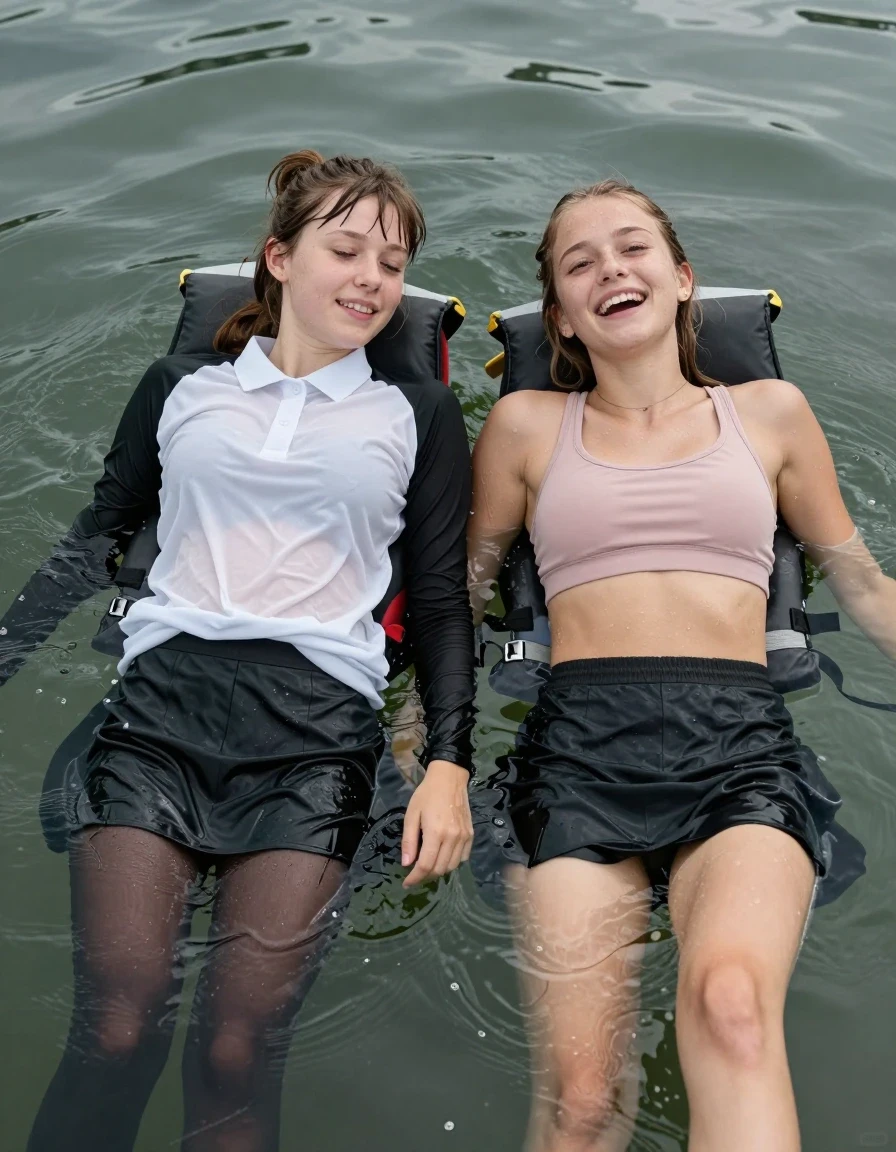 photo of young woman, in soaking wet, drenched clothes,
, , casual wear, 2 girls, they float leaning back submerged in the lake, both submerged in water, they stay afloat with life jackets worn over their clothes, the water is high , 
enjoying, wet clothes stuck to body,
detailed textures of the wet clothes, wet face, wet plastered hair,
wet, drenched, professional, high-quality details, full body view.
sharp focus, ultra-high pixel detail, realistic, high-quality, full colors, incredibly detailed, 4k, 8k, 16k, hyper-realistic, RAW photo, masterpiece, ultra-detailed, professionally color graded, professional photograph, 2 college girls both having fun together. both similar age, a nineteen year old girl, a She has a wide square young face a very small chest, she is a pale brunette with a ponytail and bangs and a septum piercing, She is full of youthful energy, she is wearing a white heavy cotton polo over a black long sleeve undershirt, she has a longer modest black skirt on that has only 3 pleats and covers her knees, Tights,  Her friend has dark blonde hair, she is wearing the same skirt but has a pale pink sports bra on. her clothes darken from the water. She has a wide square face,, wet skin, wet clothes, damp fabric, wet skin, wet clothes, damp fabric, wet skin, wet clothes, damp fabric, wet skin, wet clothes, damp fabric, wet skin, wet clothes, damp fabric, wet skin, wet clothes, damp fabric, wet skin, wet clothes, damp fabric, wet skin, wet clothes, damp fabric, wet skin, wet clothes, damp fabric, wet skin, wet clothes, damp fabric, wet skin, wet clothes, damp fabric