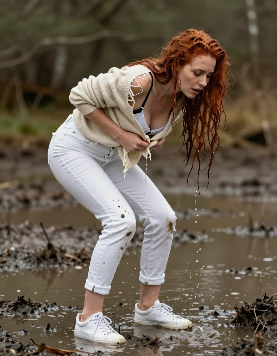 photo of young woman, in soaking wet, drenched clothes,
white sneakers and socks, long white jeans slightly muddy and soaked. peeing through her soaked jeans, piss running down her legs, soaked cream colored sweater ripped open to reveal  white blouse with black brabra, standing ankle deep in muddy swamp, 
enjoying, wet clothes stuck to body,
detailed textures of the wet clothes, wet face, wet plastered hair,
wet, drenched, professional, high-quality details, full body view.
sharp focus, ultra-high pixel detail, realistic, high-quality, full colors, incredibly detailed, 4k, 8k, 16k, hyper-realistic, RAW photo, masterpiece, ultra-detailed, professionally color graded, professional photograph, very long red  hair soaked hanging down around shoulders. Mad expression like she was thrown into the water. arms gripping her ripped sweater, wet skin, wet clothes, damp fabric