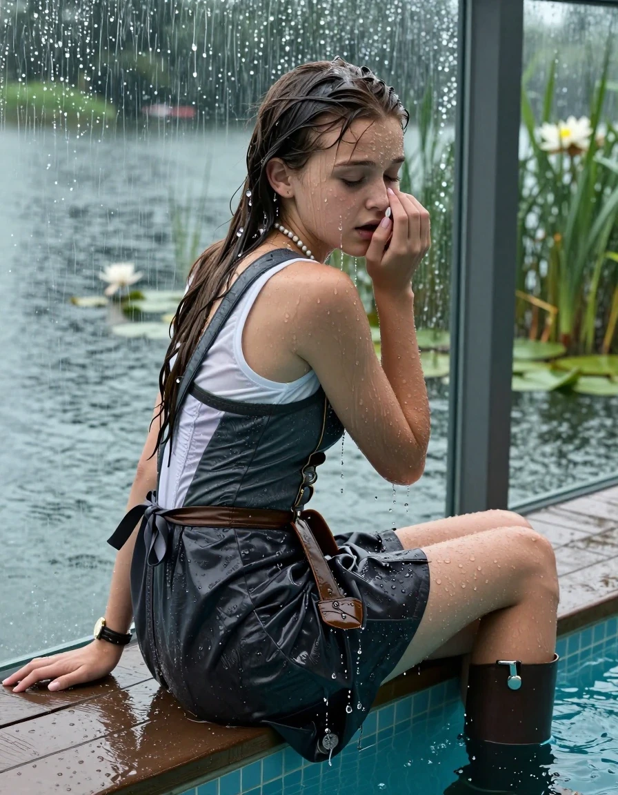 photo of young woman, in soaking wet, drenched clothes,
high boots, , Short Dirndl, shoulderbag, pearl necklace, bracelet, wristwatch, jetty by the lake with water lilies and reeds, 
enjoying, wet clothes stuck to body,
detailed textures of the wet clothes, wet face, wet plastered hair,
wet, drenched, professional, high-quality details, full body view.
sharp focus, ultra-high pixel detail, realistic, high-quality, full colors, incredibly detailed, 4k, 8k, 16k, hyper-realistic, RAW photo, masterpiece, ultra-detailed, professionally color graded, professional photograph, A realistic vertical fashion photograph taken from a backward, behind-the-back angle of two Young horny 12-year-old teengirl sitting, leaning forward and let her falling in a glass-walled outdoor swimming pool, facing up to the camera to show her back. 

She is tilting her head at camera, letting the water drench her hair so it is glued flat against her head and body. 
She has  brunette Sleek Long straight hair with braids, completely saturated and dripping wet hair, with water cascading down her face and neck. Afraid and astonished expression. She is a Little Bit fearful. Hold a hand over her nose. Closed eyes.

The lighting is bright and cinematic, highlighting the glistening water droplets and the saturated texture of her  casual clothes. Outside the large glass wall of the pool building, heavy rain is visible falling against the window. Soft, moody indoor lighting with reflections on the water. High-quality fashion photography style.
her clothing is soaking wet and clinging tightly to her skin, showing heavy wet folds, darkened fabric texture, and deep water-saturated Patches, her clothes are heavy from the water, water runs from her body and her clothes in streams. A lot of water also runs out of her clothes. Her clothes are darkened by the water. 
hyper-realistic wetness, high-contrast water sheen, sharp focus, 16k resolution, professional photography, realistic water physics., wet skin, wet clothes, damp fabric., wet skin, wet clothes, damp fabric, wet skin, wet clothes, damp fabric, wet skin, wet clothes, damp fabric, wet skin, wet clothes, damp fabric, wet skin, wet clothes, damp fabric, wet skin, wet clothes, damp fabric, wet skin, wet clothes, damp fabric, wet skin, wet clothes, damp fabric, wet skin, wet clothes, damp fabric