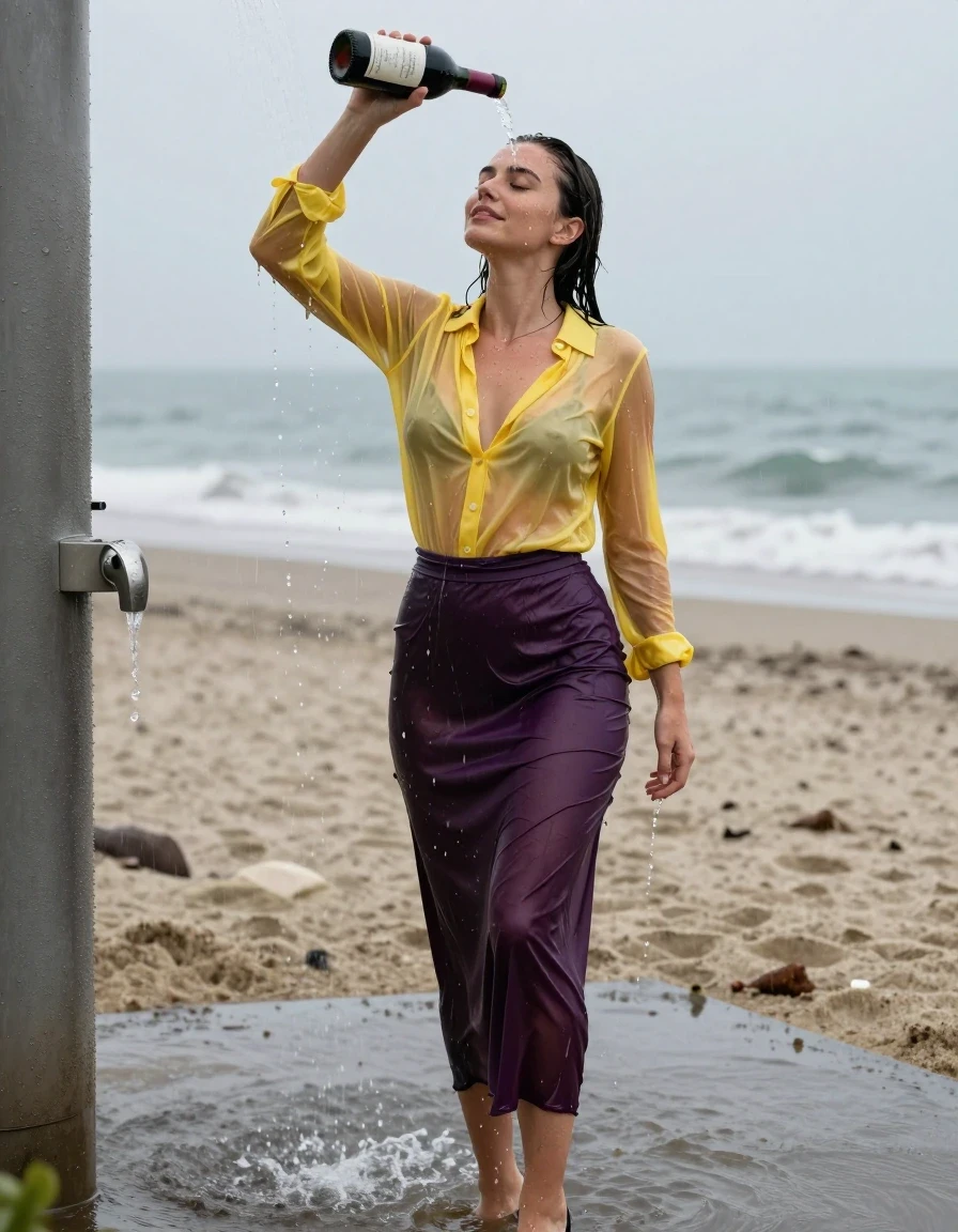 photo of young woman, in soaking wet, drenched clothes,
high-heels, see-through dark purple satin silk slim floor-length skirt, tranparent, dark yellow silk blouse,buttoned, long sleeves, no underwear, stand in the water of a shower at the beach, 
enjoying, wet clothes stuck to body,
detailed textures of the wet clothes, wet face, wet plastered hair,
wet, drenched, professional, high-quality details, full body view.
sharp focus, ultra-high pixel detail, realistic, high-quality, full colors, incredibly detailed, 4k, 8k, 16k, hyper-realistic, RAW photo, masterpiece, ultra-detailed, professionally color graded, professional photograph, heavy rain, completely soaked, drenched, dripping wet, visible breasts, she pours a bottle of red wine over her head, wet skin, wet clothes, damp fabric, wet skin, wet clothes, damp fabric, wet skin, wet clothes, damp fabric, wet skin, wet clothes, damp fabric