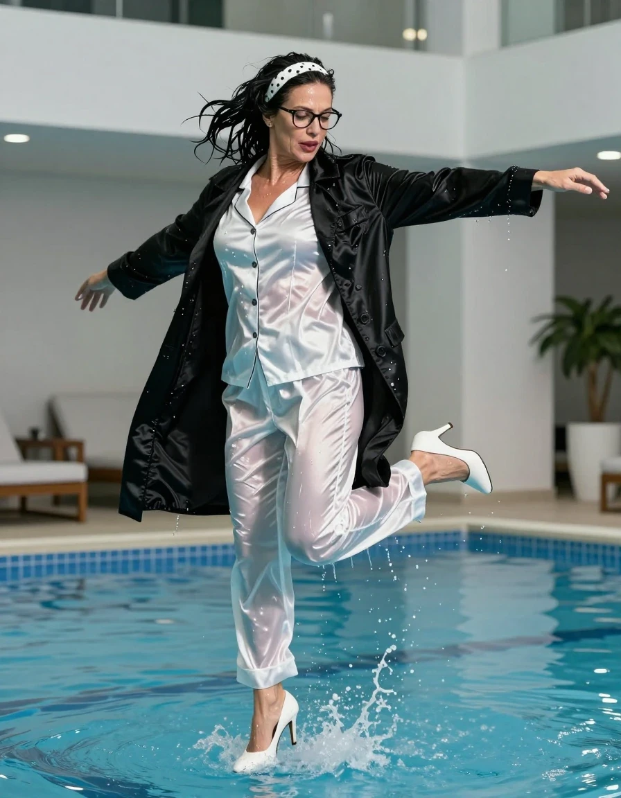 photo of young woman, in soaking wet, drenched clothes,
high-heeled shoes, white satin pajama with long trousers, white satin pijama, maxi black satin coat, jumping  in indoor swiming pool, 
enjoying, wet clothes stuck to body,
detailed textures of the wet clothes, wet face, wet plastered hair,
wet, drenched, professional, high-quality details, full body view.
sharp focus, ultra-high pixel detail, realistic, high-quality, full colors, incredibly detailed, 4k, 8k, 16k, hyper-realistic, RAW photo, masterpiece, ultra-detailed, professionally color graded, professional photograph, european brunette skinny woman 50 years old, long dark black hair, white polka-dot headband, office glasses, very big and thick lips, complete body, wet skin, wet clothes, damp fabric, wet skin, wet clothes, damp fabric, wet skin, wet clothes, damp fabric, wet skin, wet clothes, damp fabric, wet skin, wet clothes, damp fabric, wet skin, wet clothes, damp fabric, wet skin, wet clothes, damp fabric