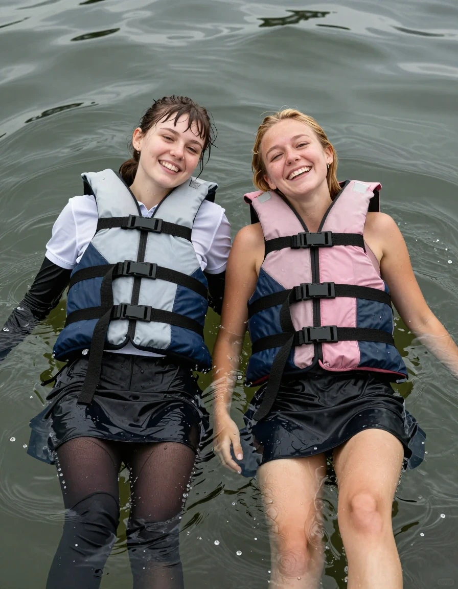 photo of young woman, in soaking wet, drenched clothes,
, , casual wear, 2 girls, they float wearing life jackets leaning back submerged in the lake, both submerged in water, they stay afloat with life jackets worn over their clothes, the water is high , 
enjoying, wet clothes stuck to body,
detailed textures of the wet clothes, wet face, wet plastered hair,
wet, drenched, professional, high-quality details, full body view.
sharp focus, ultra-high pixel detail, realistic, high-quality, full colors, incredibly detailed, 4k, 8k, 16k, hyper-realistic, RAW photo, masterpiece, ultra-detailed, professionally color graded, professional photograph, 2 college girls both having fun together. both similar age, a nineteen year old girl, a She has a wide square young face a very small chest, she is a pale brunette with a ponytail and bangs and a septum piercing, She is full of youthful energy, she is wearing a white heavy cotton polo over a black long sleeve undershirt, she has a long modest black skirt on that has only 3 pleats and covers her knees, Tights,  Her friend has dark blonde hair, she is wearing the same skirt but has a pale pink sports bra on. her clothes darken from the water. She has a wide square face,, wet skin, wet clothes, damp fabric, wet skin, wet clothes, damp fabric, wet skin, wet clothes, damp fabric, wet skin, wet clothes, damp fabric, wet skin, wet clothes, damp fabric, wet skin, wet clothes, damp fabric, wet skin, wet clothes, damp fabric, wet skin, wet clothes, damp fabric, wet skin, wet clothes, damp fabric, wet skin, wet clothes, damp fabric, wet skin, wet clothes, damp fabric, wet skin, wet clothes, damp fabric
