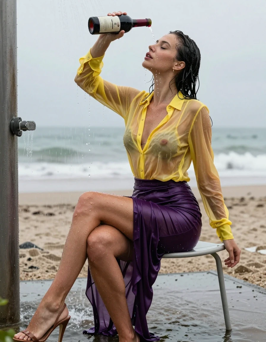 photo of young woman, in soaking wet, drenched clothes,
high-heels, see-through dark purple satin silk slim floor-length skirt, tranparent, dark yellow silk blouse,buttoned, long sleeves, no underwear, sitting on a chair in the water of a shower at the beach, 
enjoying, wet clothes stuck to body,
detailed textures of the wet clothes, wet face, wet plastered hair,
wet, drenched, professional, high-quality details, full body view.
sharp focus, ultra-high pixel detail, realistic, high-quality, full colors, incredibly detailed, 4k, 8k, 16k, hyper-realistic, RAW photo, masterpiece, ultra-detailed, professionally color graded, professional photograph, heavy rain, completely soaked, drenched, dripping wet, visible breasts, she pours a bottle of red wine over her head, wet skin, wet clothes, damp fabric, wet skin, wet clothes, damp fabric, wet skin, wet clothes, damp fabric, wet skin, wet clothes, damp fabric