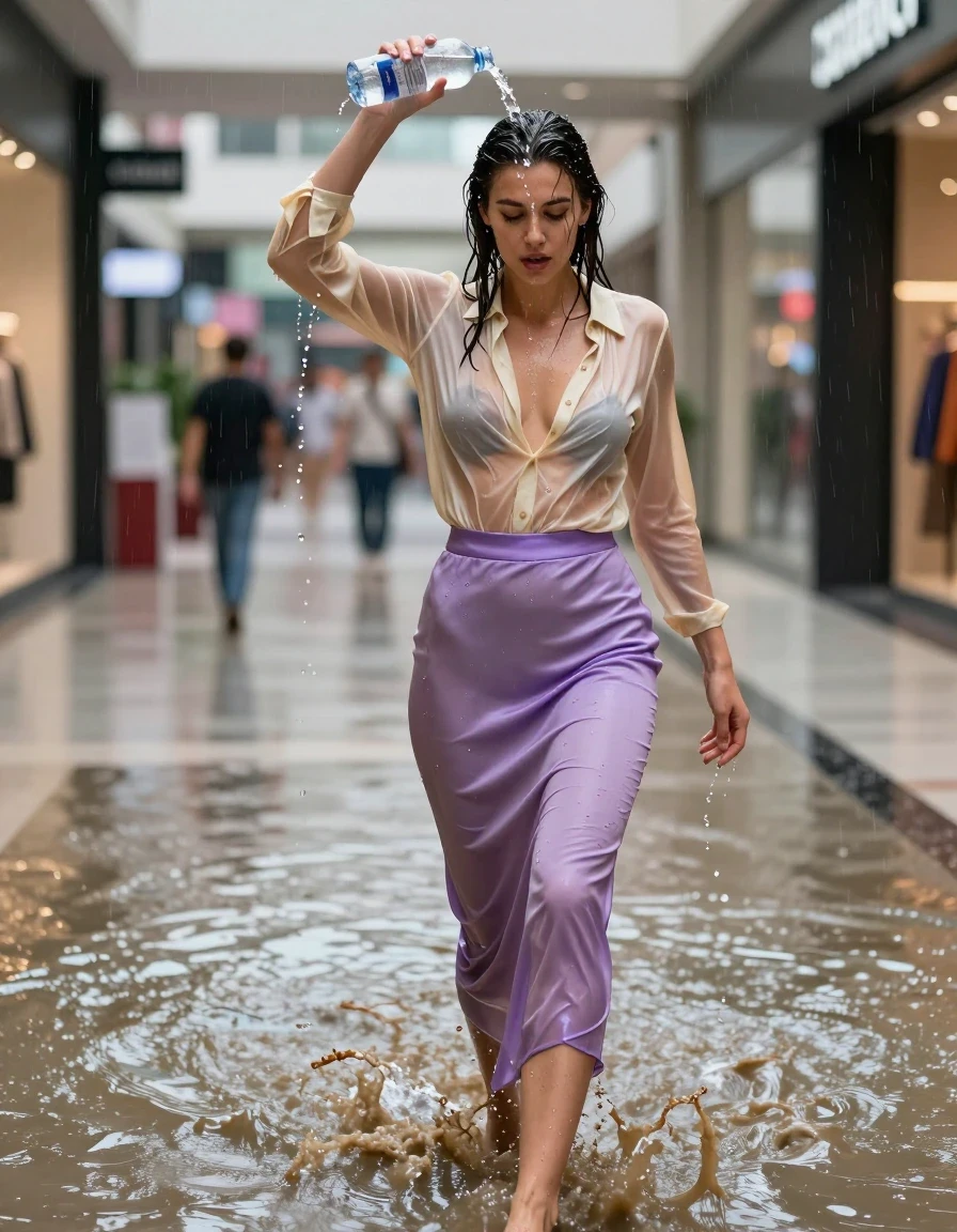 photo of young woman, in soaking wet, drenched clothes,
high-heels, see-throug hlight purple satin silk slim floor-length skirt, tranparent, light golden silk blouse,buttoned, long sleeves, no underwear, walking through the muddy water in the shopping mall pouring a bottle of water over her head, 
enjoying, wet clothes stuck to body,
detailed textures of the wet clothes, wet face, wet plastered hair,
wet, drenched, professional, high-quality details, full body view.
sharp focus, ultra-high pixel detail, realistic, high-quality, full colors, incredibly detailed, 4k, 8k, 16k, hyper-realistic, RAW photo, masterpiece, ultra-detailed, professionally color graded, professional photograph, heavy rain, completely soaked, drenched, dripping wet, visible breasts, wet skin, wet clothes, damp fabric, wet skin, wet clothes, damp fabric, wet skin, wet clothes, damp fabric, wet skin, wet clothes, damp fabric, wet skin, wet clothes, damp fabric