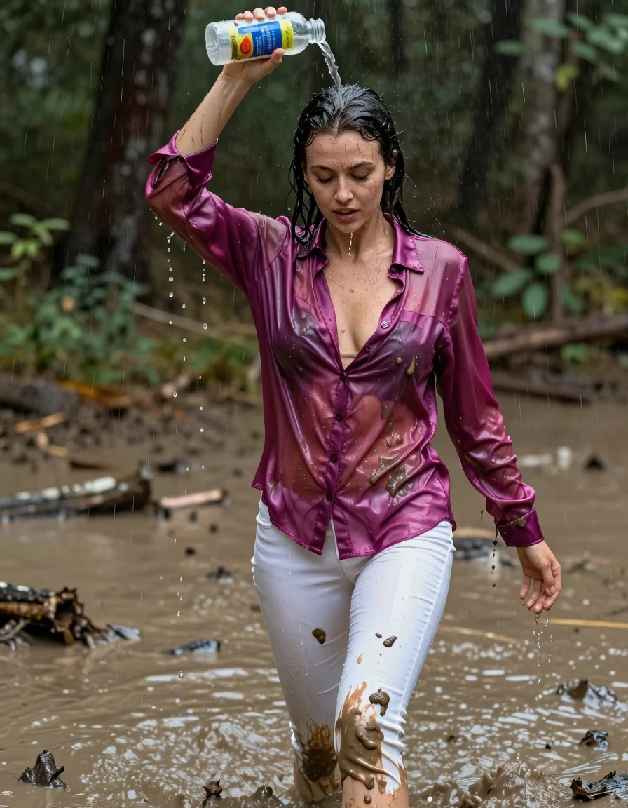 photo of young woman, in soaking wet, drenched clothes,
, white jeans, dripping wet, shiny, see-through, tranparent, oversized magenta satin silk blouse, buttoned, long sleeves, no bra, shower, walking in a knee deep muddy puddle in the muddy water in the woods, pouring a bottle of muddy water over her head, 
enjoying, wet clothes stuck to body,
detailed textures of the wet clothes, wet face, wet plastered hair,
wet, drenched, professional, high-quality details, full body view.
sharp focus, ultra-high pixel detail, realistic, high-quality, full colors, incredibly detailed, 4k, 8k, 16k, hyper-realistic, RAW photo, masterpiece, ultra-detailed, professionally color graded, professional photograph, muddy clothes, heavy rain, completely soaked, drenched, dripping wet, visible breasts, wet skin, mud in her hair, wet clothes, damp fabric, wet skin, wet clothes, damp fabric, wet skin, wet clothes, damp fabric, wet skin, wet clothes, damp fabric, wet clothes, damp fabric, wet skin, wet clothes, damp fabric