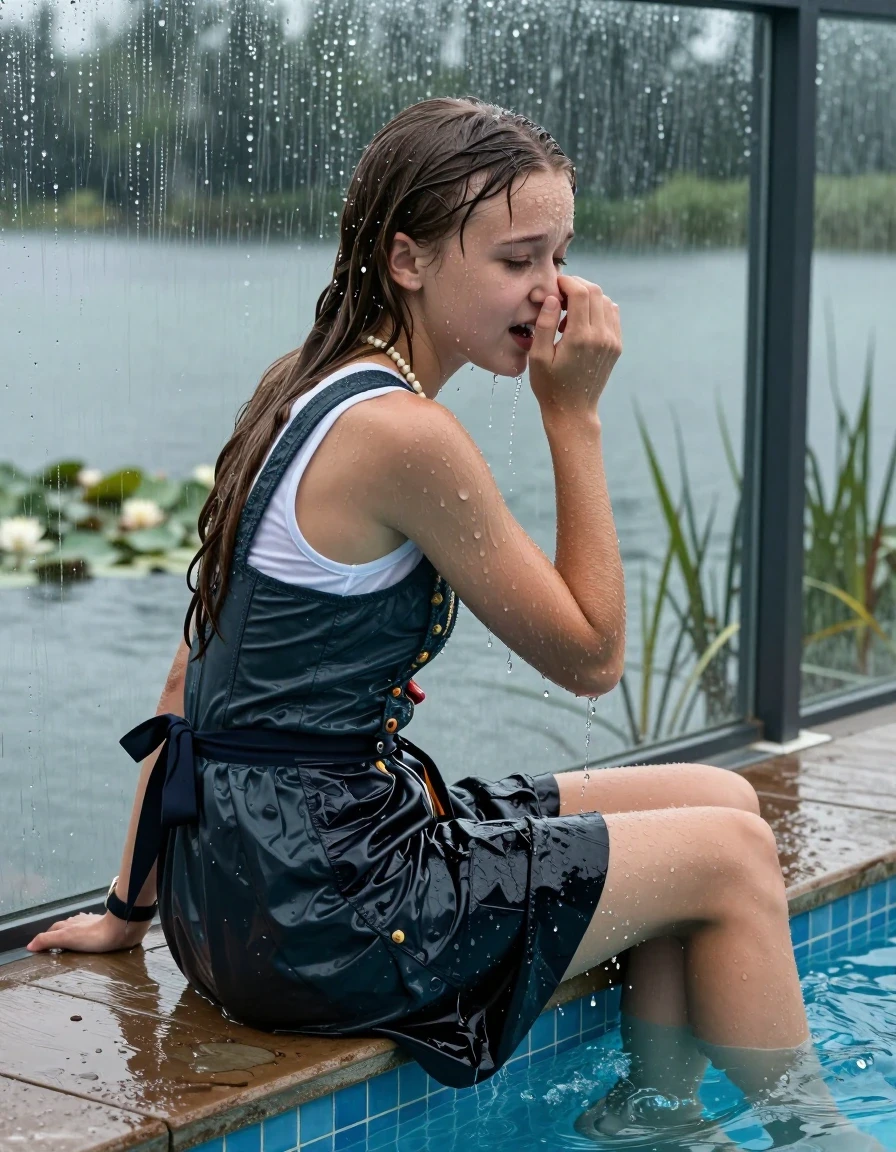 photo of young woman, in soaking wet, drenched clothes,
high boots, , Short Dirndl, shoulderbag, pearl necklace, bracelet, wristwatch, jetty by the lake with water lilies and reeds, 
enjoying, wet clothes stuck to body,
detailed textures of the wet clothes, wet face, wet plastered hair,
wet, drenched, professional, high-quality details, full body view.
sharp focus, ultra-high pixel detail, realistic, high-quality, full colors, incredibly detailed, 4k, 8k, 16k, hyper-realistic, RAW photo, masterpiece, ultra-detailed, professionally color graded, professional photograph, A realistic vertical fashion photograph taken from a backward, behind-the-back angle of two Young horny 12-year-old teengirl sitting, leaning forward and let her falling in a glass-walled outdoor swimming pool, facing up to the camera to show her back. 

She is tilting her head at camera, letting the water drench her hair so it is glued flat against her head and body. 
She has  brunette Sleek Long straight hair with braids, completely saturated and dripping wet hair, with water cascading down her face and neck. Afraid and astonished expression. She is a Little Bit fearful. Hold a hand over her nose. Closed eyes.

The lighting is bright and cinematic, highlighting the glistening water droplets and the saturated texture of her  casual clothes. Outside the large glass wall of the pool building, heavy rain is visible falling against the window. Soft, moody indoor lighting with reflections on the water. High-quality fashion photography style.
her clothing is soaking wet and clinging tightly to her skin, showing heavy wet folds, darkened fabric texture, and deep water-saturated Patches, her clothes are heavy from the water, water runs from her body and her clothes in streams. A lot of water also runs out of her clothes. Her clothes are darkened by the water. 
hyper-realistic wetness, high-contrast water sheen, sharp focus, 16k resolution, professional photography, realistic water physics., wet skin, wet clothes, damp fabric., wet skin, wet clothes, damp fabric, wet skin, wet clothes, damp fabric, wet skin, wet clothes, damp fabric, wet skin, wet clothes, damp fabric, wet skin, wet clothes, damp fabric, wet skin, wet clothes, damp fabric, wet skin, wet clothes, damp fabric, wet skin, wet clothes, damp fabric, wet skin, wet clothes, damp fabric