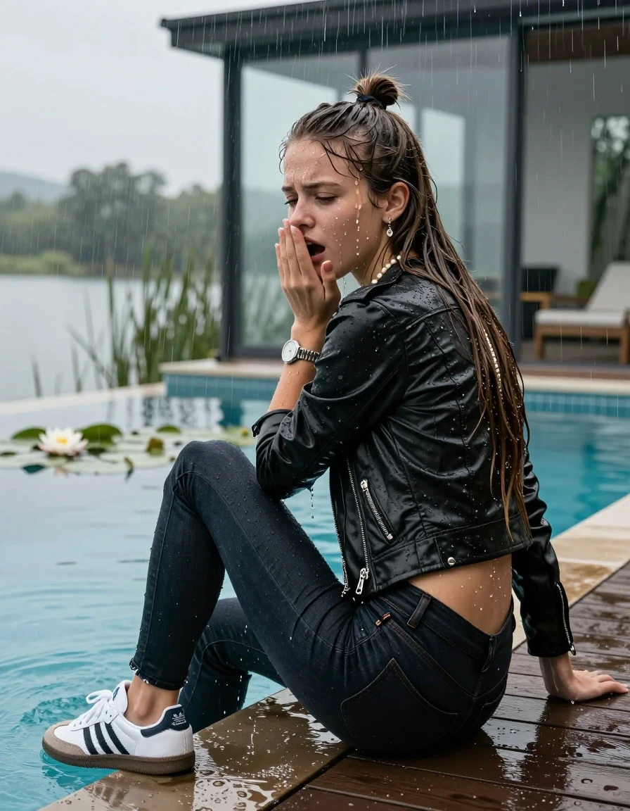 photo of young woman, in soaking wet, drenched clothes,
White Adidas Samba , Tight dark Levis skinny jeans, biker leatherjacket, crop top, shoulderbag, pearl necklace, bracelet, wristwatch, jetty by the lake with water lilies and reeds, 
enjoying, wet clothes stuck to body,
detailed textures of the wet clothes, wet face, wet plastered hair,
wet, drenched, professional, high-quality details, full body view.
sharp focus, ultra-high pixel detail, realistic, high-quality, full colors, incredibly detailed, 4k, 8k, 16k, hyper-realistic, RAW photo, masterpiece, ultra-detailed, professionally color graded, professional photograph, A realistic vertical fashion photograph taken from a backward, behind-the-back angle of a. Young horny 12-year-old teengirl sitting, leaning forward and let her falling in a glass-walled outdoor swimming pool, facing up to the camera to show her back. 

She is tilting her head at camera, letting the water drench her hair so it is glued flat against her head and body. 
She has  brunette Sleek Long straight hair with a topknot, completely saturated and dripping wet hair, with water cascading down her face and neck. Afraid and astonished expression. She is a Little Bit fearful. Hold her hands over her mouth. Closed eyes.

The lighting is bright and cinematic, highlighting the glistening water droplets and the saturated texture of her  casual clothes. Outside the large glass wall of the pool building, heavy rain is visible falling against the window. Soft, moody indoor lighting with reflections on the water. High-quality fashion photography style.
her clothing is soaking wet and clinging tightly to her skin, showing heavy wet  darkened fabric texture, her clothes are heavy from the water, water runs from her body and her clothes in streams. A lot of water also runs out of her clothes. Her clothes are darkened by the water. 
hyper-realistic wetness, high-contrast water sheen, sharp focus, 16k resolution, professional photography, realistic water physics., wet skin, wet clothes, damp fabric., wet skin, wet clothes, damp fabric, wet skin, wet clothes, damp fabric, wet skin, wet clothes, damp fabric, wet skin, wet clothes, damp fabric, wet skin, wet clothes, damp fabric, wet skin, wet clothes, damp fabric, wet skin, wet clothes, damp fabric, wet skin, wet clothes, damp fabric, wet skin, wet clothes, damp fabric