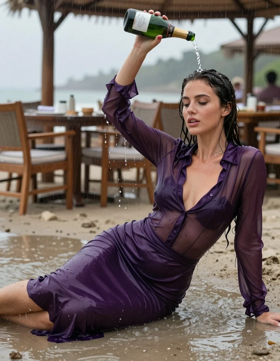 photo of young woman, in soaking wet, drenched clothes,
high-heels, see-through dark purple satin silk slim floor-length skirt, tranparent, dark purple silk blouse,buttoned, long sleeves, no underwear, lying on the beach in the water of a shower in a restaurant, 
enjoying, wet clothes stuck to body,
detailed textures of the wet clothes, wet face, wet plastered hair,
wet, drenched, professional, high-quality details, full body view.
sharp focus, ultra-high pixel detail, realistic, high-quality, full colors, incredibly detailed, 4k, 8k, 16k, hyper-realistic, RAW photo, masterpiece, ultra-detailed, professionally color graded, professional photograph, heavy rain, completely soaked, drenched, dripping wet, visible breasts, she pours a bottle of champagne over her head, wet skin, wet clothes, damp fabric, wet skin, wet clothes, damp fabric, wet skin, wet clothes, damp fabric, wet skin, wet clothes, damp fabric