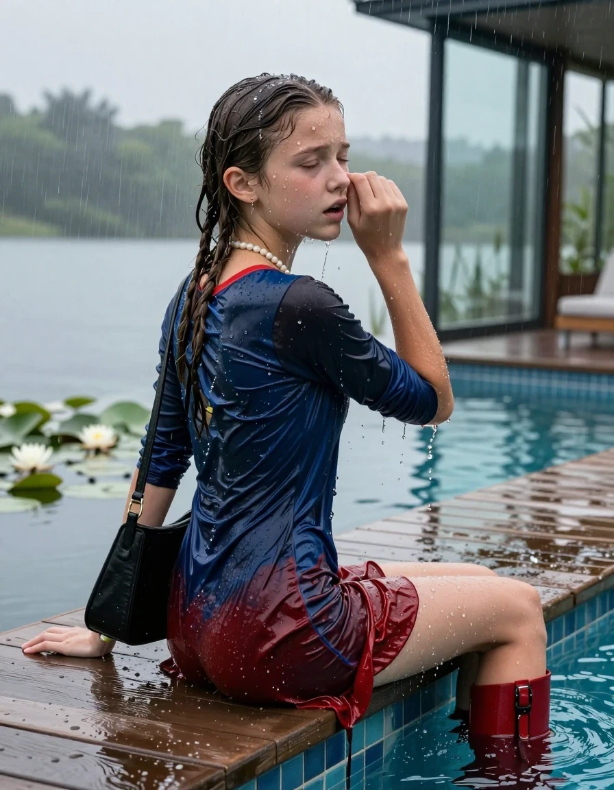 photo of young woman, in soaking wet, drenched clothes,
Red high boots, , Supergirl dress, shoulderbag, pearl necklace, bracelet, wristwatch, jetty by the lake with water lilies and reeds, 
enjoying, wet clothes stuck to body,
detailed textures of the wet clothes, wet face, wet plastered hair,
wet, drenched, professional, high-quality details, full body view.
sharp focus, ultra-high pixel detail, realistic, high-quality, full colors, incredibly detailed, 4k, 8k, 16k, hyper-realistic, RAW photo, masterpiece, ultra-detailed, professionally color graded, professional photograph, A realistic vertical fashion photograph taken from a backward, behind-the-back angle of two Young horny 12-year-old teengirl sitting, leaning forward and let her falling in a glass-walled outdoor swimming pool, facing up to the camera to show her back. 

She is tilting her head at camera, letting the water drench her hair so it is glued flat against her head and body. 
She has  brunette Sleek Long straight hair with braids, completely saturated and dripping wet hair, with water cascading down her face and neck. Afraid and astonished expression. She is a Little Bit fearful. Hold a hand over her nose. Closed eyes.

The lighting is bright and cinematic, highlighting the glistening water droplets and the saturated texture of her  casual clothes. Outside the large glass wall of the pool building, heavy rain is visible falling against the window. Soft, moody indoor lighting with reflections on the water. High-quality fashion photography style.
her clothing is soaking wet and clinging tightly to her skin, showing heavy wet folds, darkened fabric texture, and deep water-saturated Patches, her clothes are heavy from the water, water runs from her body and her clothes in streams. A lot of water also runs out of her clothes. Her clothes are darkened by the water. 
hyper-realistic wetness, high-contrast water sheen, sharp focus, 16k resolution, professional photography, realistic water physics., wet skin, wet clothes, damp fabric., wet skin, wet clothes, damp fabric, wet skin, wet clothes, damp fabric, wet skin, wet clothes, damp fabric, wet skin, wet clothes, damp fabric, wet skin, wet clothes, damp fabric, wet skin, wet clothes, damp fabric, wet skin, wet clothes, damp fabric, wet skin, wet clothes, damp fabric, wet skin, wet clothes, damp fabric