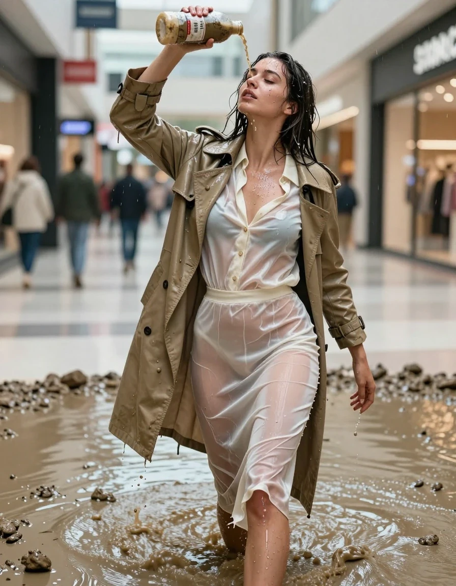 photo of young woman, in soaking wet, drenched clothes,
high-heels, see-through, transparent, crean white satin silk slim floor-length skirt, see-through, tranparent, cream white satin silk blouse, buttoned, long sleeves, trench coat, wading in a muddy puddle in the muddy water in the shopping mall, pouring a bottle of muddy water over her head, 
enjoying, wet clothes stuck to body,
detailed textures of the wet clothes, wet face, wet plastered hair,
wet, drenched, professional, high-quality details, full body view.
sharp focus, ultra-high pixel detail, realistic, high-quality, full colors, incredibly detailed, 4k, 8k, 16k, hyper-realistic, RAW photo, masterpiece, ultra-detailed, professionally color graded, professional photograph, muddy clothes, heavy rain, completely soaked, drenched, dripping wet, visible breasts, wet skin, wet clothes, damp fabric, wet skin, wet clothes, damp fabric, wet skin, wet clothes, damp fabric, wet skin, wet clothes, damp fabric, wet skin, wet clothes, damp fabric, wet skin, wet clothes, damp fabric