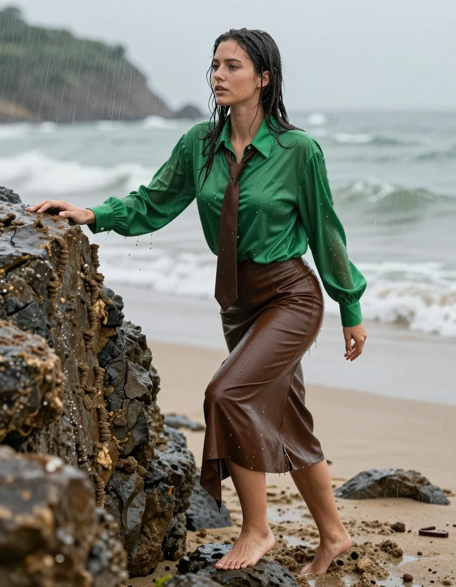 photo of young woman, in soaking wet, drenched clothes,
barefeet, floor-length leather skirt, satin long-sleeved buttoned-down oversized green blouse, brown necktie, empty beach, torrential rain, 
enjoying, wet clothes stuck to body,
detailed textures of the wet clothes, wet face, wet plastered hair,
wet, drenched, professional, high-quality details, full body view.
sharp focus, ultra-high pixel detail, realistic, high-quality, full colors, incredibly detailed, 4k, 8k, 16k, hyper-realistic, RAW photo, masterpiece, ultra-detailed, professionally color graded, professional photograph, climbing a muddy rock, wet skin, wet clothes, damp fabric
