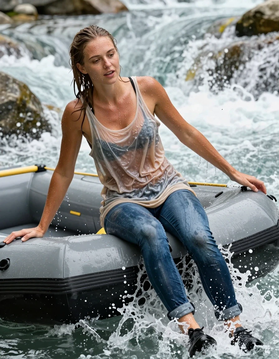 photo of young woman, in soaking wet, drenched clothes,
sneakers, blue jeans, oversized summer top, no bra, wild river, 
enjoying, wet clothes stuck to body,
detailed textures of the wet clothes, wet face, wet plastered hair,
wet, drenched, professional, high-quality details, full body view.
sharp focus, ultra-high pixel detail, realistic, high-quality, full colors, incredibly detailed, 4k, 8k, 16k, hyper-realistic, RAW photo, masterpiece, ultra-detailed, professionally color graded, professional photograph, a 25 year old nordic girl in a inflatable rafting boat is on  wild water rafting. the girl was fallen into the river and climbs into the boat. the river is very wild.  Water splashes into the boat from all sides, drenching the women. Spray splashes onto the women. her clothing is completely soaked and clings to her body. The wet jeans glisten in the sun. the thin fabric perfectly outlines the shape of her body. wet skin, wet clothes, damp fabric,, wet skin, wet clothes, damp fabric