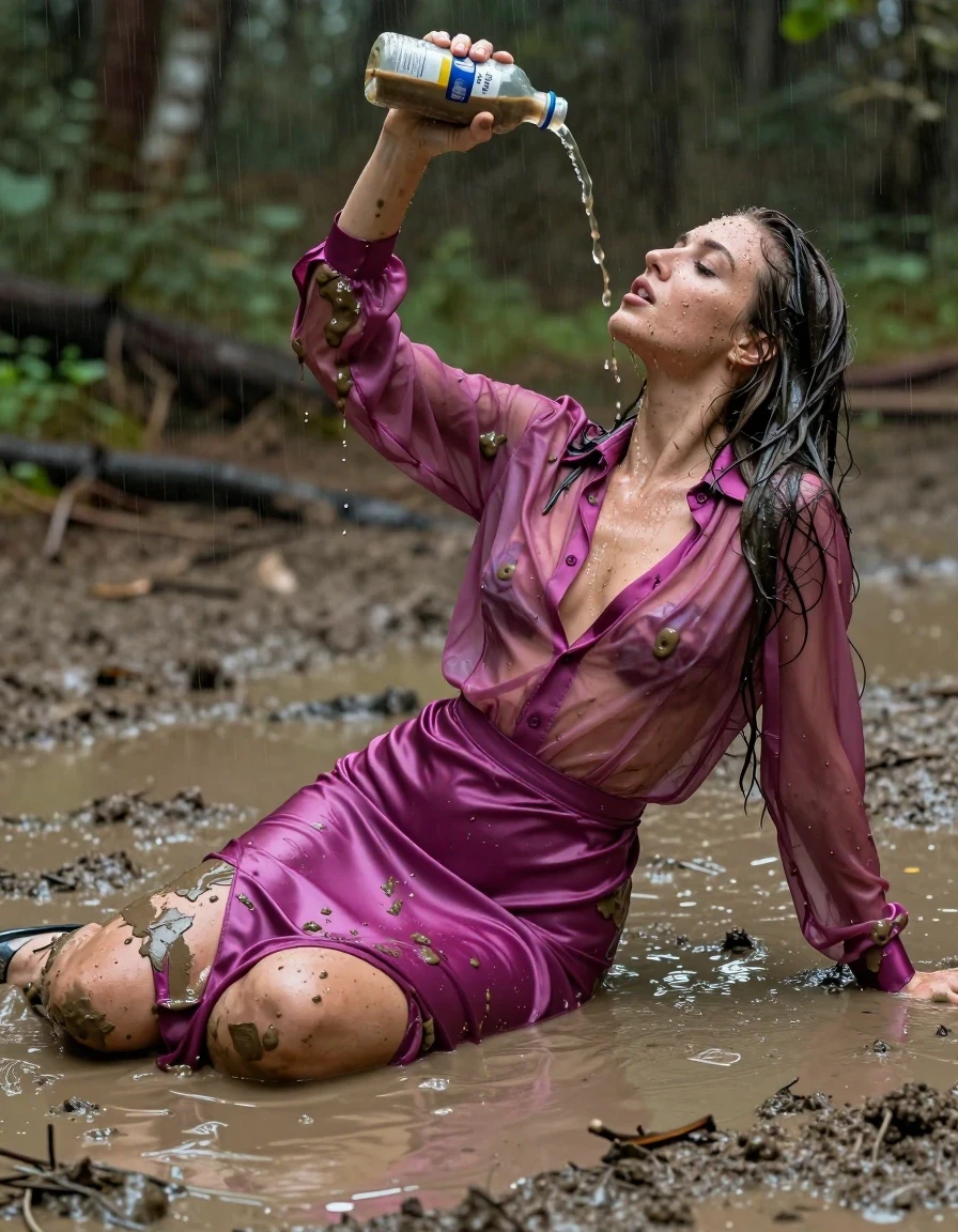 photo of young woman, in soaking wet, drenched clothes,
high-heels, see-through, oversized magenta satin silk slim floor-length skirt, see-through, tranparent, oversized magenta satin silk blouse, buttoned, long sleeves, lie on her back in a muddy puddle in the muddy water in the woods, pouring a bottle of muddy water over her head, 
enjoying, wet clothes stuck to body,
detailed textures of the wet clothes, wet face, wet plastered hair,
wet, drenched, professional, high-quality details, full body view.
sharp focus, ultra-high pixel detail, realistic, high-quality, full colors, incredibly detailed, 4k, 8k, 16k, hyper-realistic, RAW photo, masterpiece, ultra-detailed, professionally color graded, professional photograph, muddy clothes, heavy rain, completely soaked, drenched, dripping wet, visible breasts, wet skin, muddy hair, wet clothes, damp fabric, wet skin, wet clothes, damp fabric, wet skin, wet clothes, damp fabric, wet skin, wet clothes, damp fabric, wet skin, wet clothes, damp fabric, wet skin, wet clothes, damp fabric