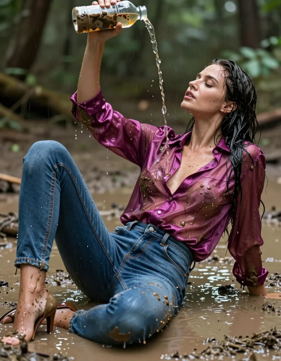 photo of young woman, in soaking wet, drenched clothes,
high-heels, blue jeans, dripping wet, shiny, see-through, tranparent, oversized magenta satin silk blouse, buttoned, long sleeves, no bra, lie on her back in a muddy puddle in the muddy water in the woods, pouring a bottle of muddy water over her head, 
enjoying, wet clothes stuck to body,
detailed textures of the wet clothes, wet face, wet plastered hair,
wet, drenched, professional, high-quality details, full body view.
sharp focus, ultra-high pixel detail, realistic, high-quality, full colors, incredibly detailed, 4k, 8k, 16k, hyper-realistic, RAW photo, masterpiece, ultra-detailed, professionally color graded, professional photograph, muddy clothes, heavy rain, completely soaked, drenched, dripping wet, visible breasts, wet skin, mud in her hair, wet clothes, damp fabric, wet skin, wet clothes, damp fabric, wet skin, wet clothes, damp fabric, wet skin, wet clothes, damp fabric, wet clothes, damp fabric, wet skin, wet clothes, damp fabric