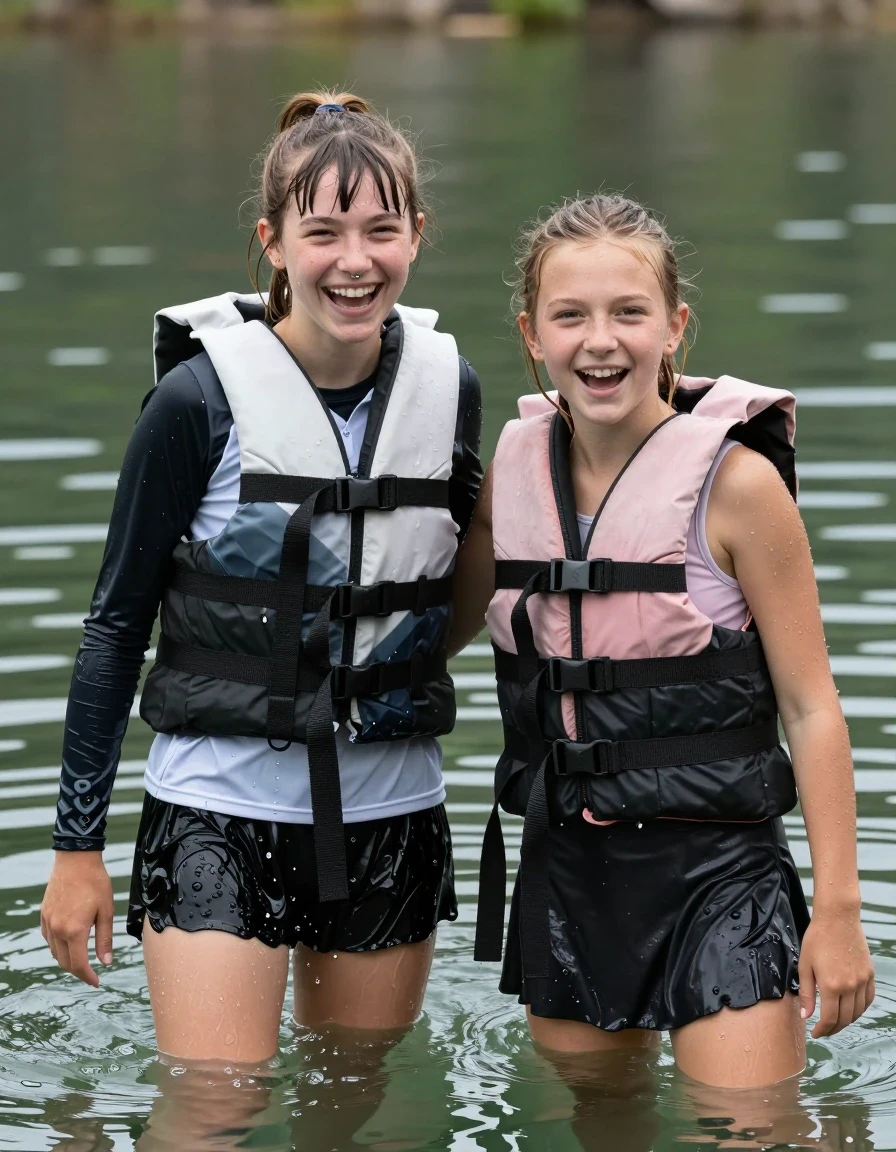 photo of young woman, in soaking wet, drenched clothes,
, , casual wear, 2 girls, they are swimming deep in the lake, both submerged in water, they stay afloat with life jackets worn over their clothes , 
enjoying, wet clothes stuck to body,
detailed textures of the wet clothes, wet face, wet plastered hair,
wet, drenched, professional, high-quality details, full body view.
sharp focus, ultra-high pixel detail, realistic, high-quality, full colors, incredibly detailed, 4k, 8k, 16k, hyper-realistic, RAW photo, masterpiece, ultra-detailed, professionally color graded, professional photograph, 2 small Young energetic and niave college girls both having fun together. both similar age, a nineteen year old girl, a She has a wide square young face a very small chest, she is a pale brunette with a ponytail and bangs and a septum piercing, She is full of youthful energy, she is wearing a white heavy cotton polo over a black long sleeve undershirt, she has a modest black skirt on that has only 3 pleats and covers her knees, Tights,  Her friend has dark blonde hair, she is wearing the same skirt but has a pale pink sports bra on. her clothes darken from the water. She has a wide square face,, wet skin, wet clothes, damp fabric, wet skin, wet clothes, damp fabric, wet skin, wet clothes, damp fabric, wet skin, wet clothes, damp fabric, wet skin, wet clothes, damp fabric, wet skin, wet clothes, damp fabric, wet skin, wet clothes, damp fabric, wet skin, wet clothes, damp fabric, wet skin, wet clothes, damp fabric, wet skin, wet clothes, damp fabric, wet skin, wet clothes, damp fabric