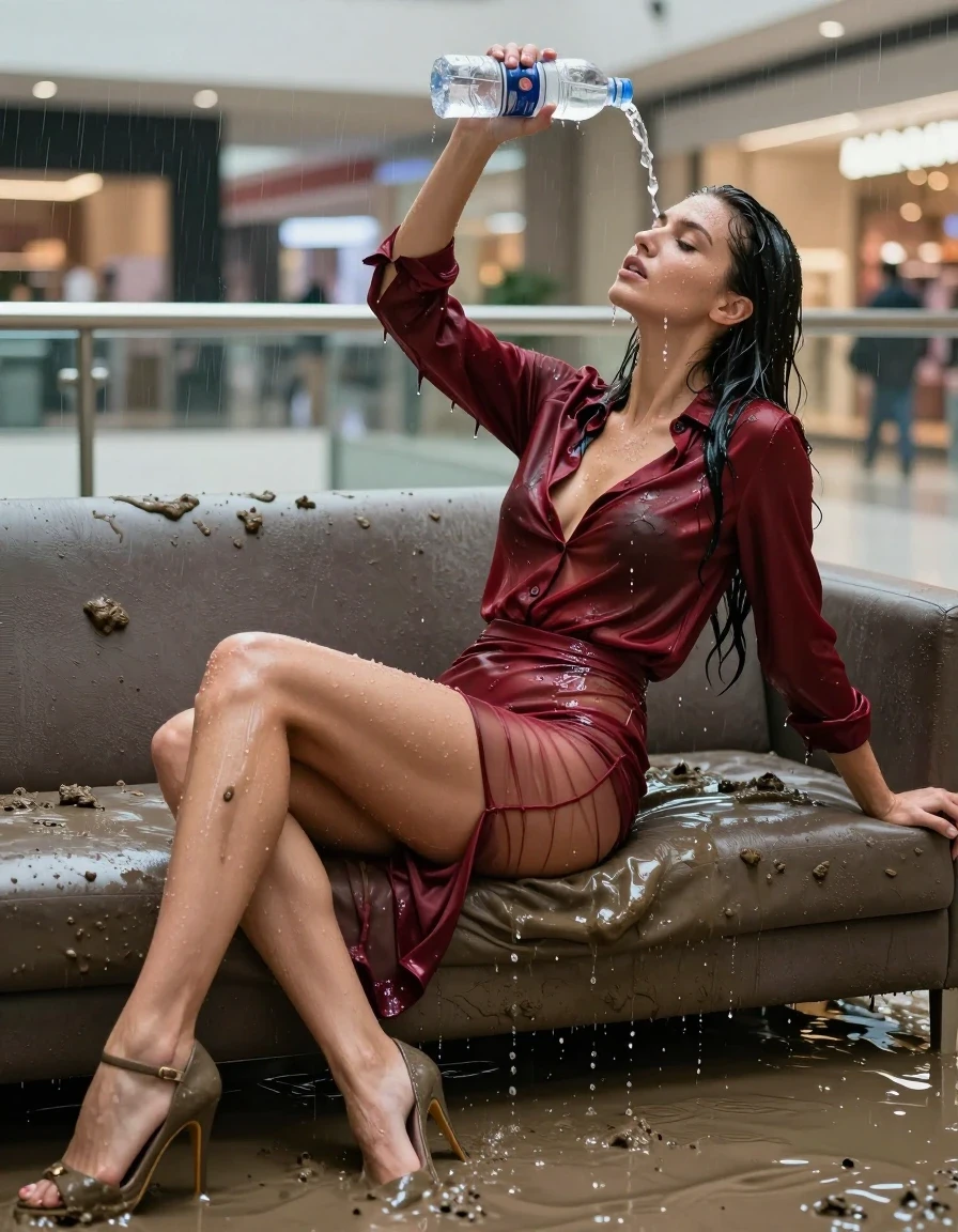 photo of young woman, in soaking wet, drenched clothes,
high-heels, see-throug, transparent, light red satin silk slim floor-length skirt, see-through, tranparent, dark red silk blouse, buttoned, long sleeves, no underwear, lying on a muddy couch in the muddy water in the shopping mall pouring a bottle of water over her head, 
enjoying, wet clothes stuck to body,
detailed textures of the wet clothes, wet face, wet plastered hair,
wet, drenched, professional, high-quality details, full body view.
sharp focus, ultra-high pixel detail, realistic, high-quality, full colors, incredibly detailed, 4k, 8k, 16k, hyper-realistic, RAW photo, masterpiece, ultra-detailed, professionally color graded, professional photograph, heavy rain, completely soaked, drenched, dripping wet, visible breasts, wet skin, wet clothes, damp fabric, wet skin, wet clothes, damp fabric, wet skin, wet clothes, damp fabric, wet skin, wet clothes, damp fabric, wet skin, wet clothes, damp fabric, wet skin, wet clothes, damp fabric